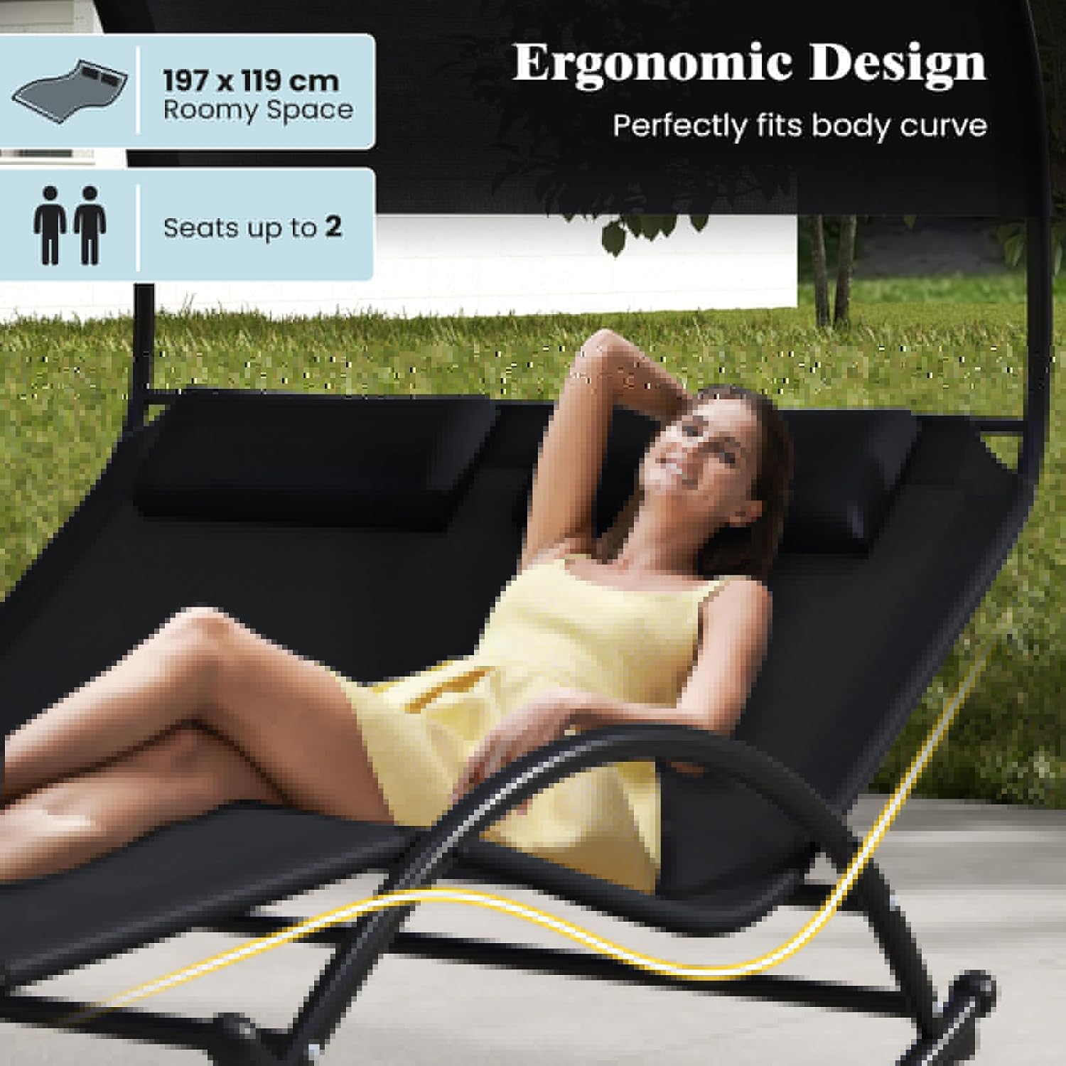GIANTEX Sonnenliege, Doppel-Schaukelstuhl mit Dach & Kopfkissen, Outdoor Doppelliege Gartenliege, Relaxliege für 2 Personen, maximale Belastung 300kg (Schwarz)