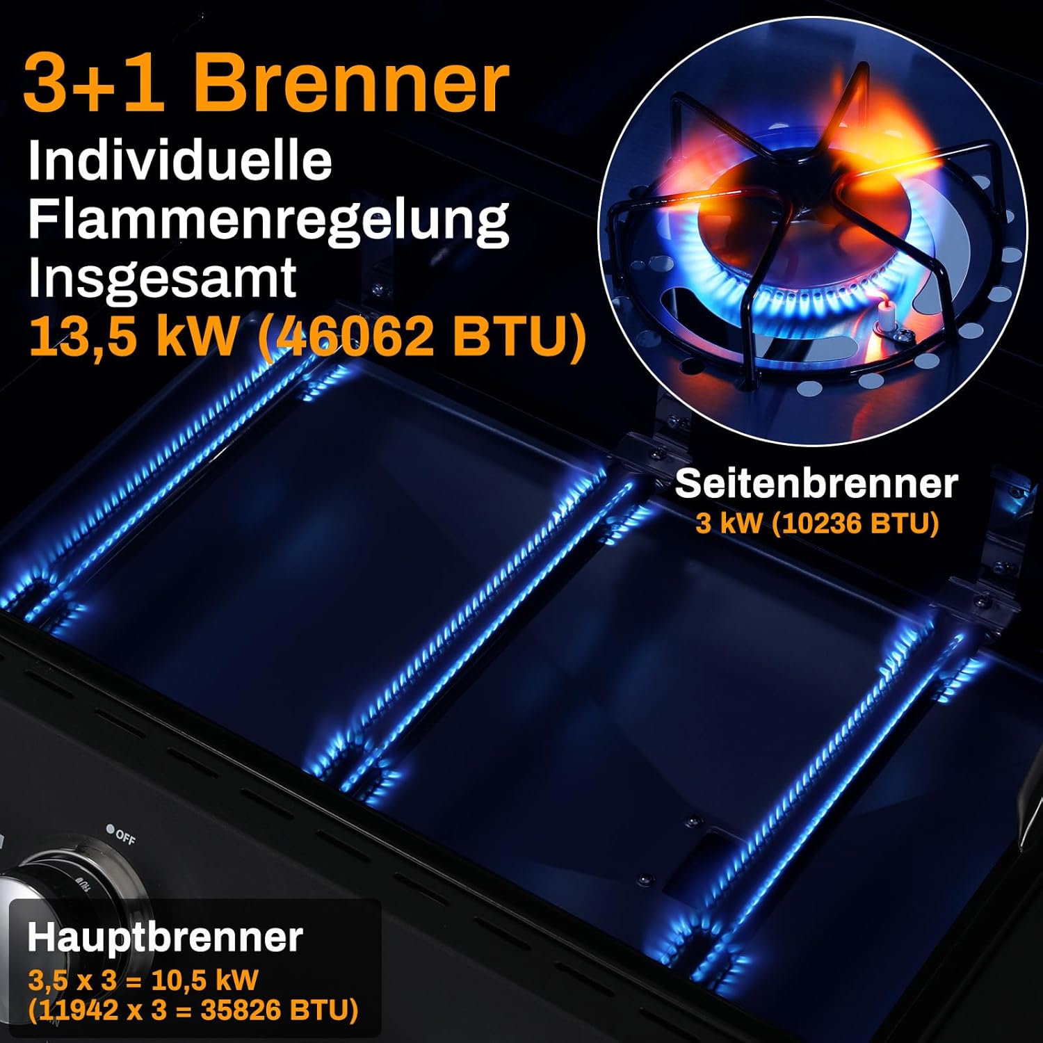 LIFERUN Gasgrill 3+1 Edelstahl Brenner,13,5 kw Gas Grillwagen BBQ mit Seitenkochfeld,Gasgriller mit Thermometer,4 PCS Bremse Rollen,DE I3B/P(50) Gasdruckregler,Grillküche Camping Garten(Butan/Propan)