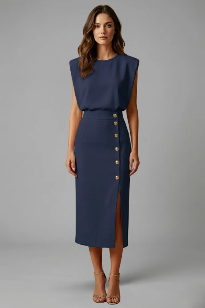 Damen Midikleid mit Rundhalsausschnitt und seitlichem Schlitz | ?rmelloses Kleid mit Knopfleiste und tailliertem Schnitt