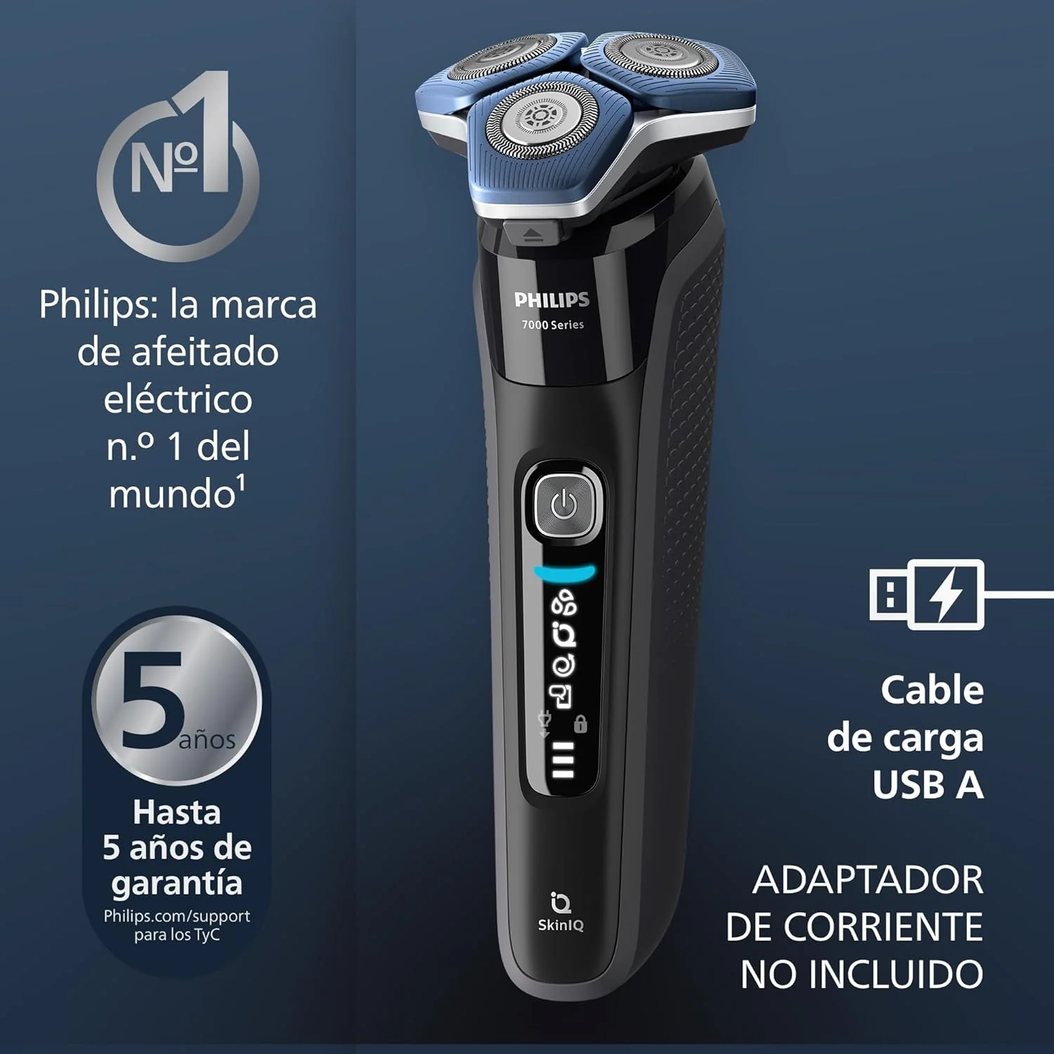 Serie 7000 Afeitadora Eléctrica Hombre, Máquina de Afeitar Barba con Recortadora, 45 cuchillas, 60min de uso, En Seco y Húmedo, Recargable, Centro de Limpieza, Base Carga, S7886/55, Negro