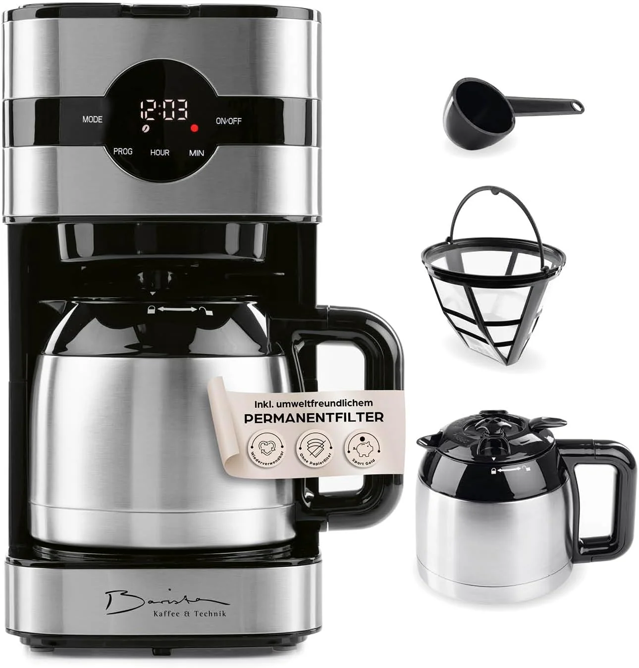 Barista filterkoffiezetapparaat met verstelbare molen & thermoskan | Warmhoudfunctie, 24-uurs timer & permanent filter | Voor 10 koppen koffie | Koffiezetapparaat voor bonen & poeder [roestvrij staal]