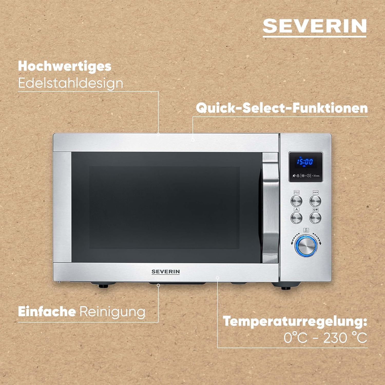SEVERIN Mikrowelle mit Grill und Heißluftfunktion 3-in-1, zum Auftauen, Garen und Erhitzen, Mikrowelle mit Drehteller, Edelstahl-gebürstet/silber, MW 7774