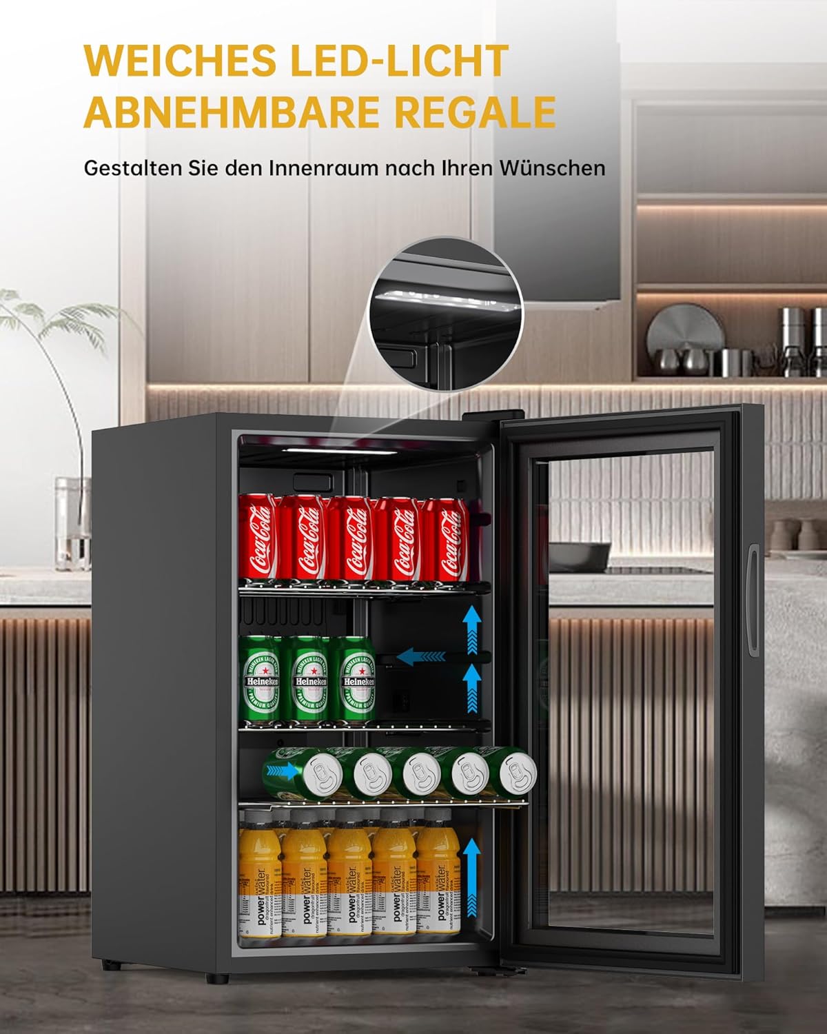 WIE Mini Kühlschrank Getränkekühlschrank 70 Liter mit Doppelte Glastür mit Verstellbaren Ablagen Indoor Outdoor Klein Bierkühlschrank Leise 105 Dosen für Soda/Bier/Wine für Zuhause/Küche/Bar/Büro