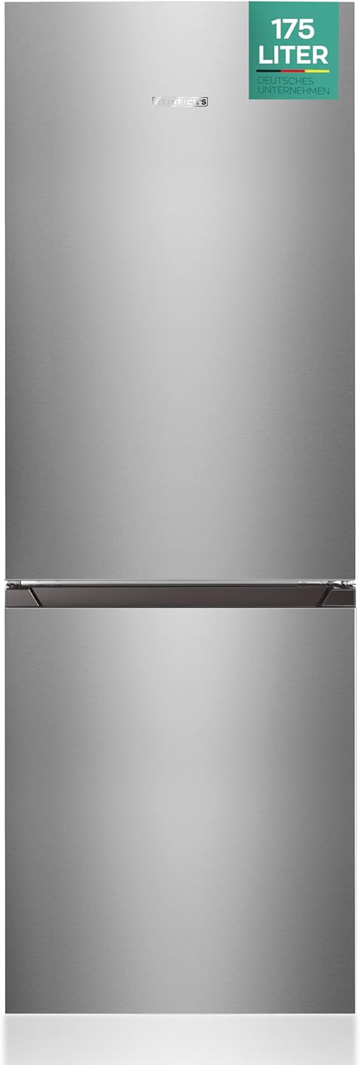 Heinrichs Fridge Freezer Combination 175 Litres, Cooling Volume 122 L, Freezer 53 L, LED Interior Lighting, Fridge Door Hinge, Changeable, Quiet 39 dB, Large Freezer Boxes, 7 Temperature Levels, inox