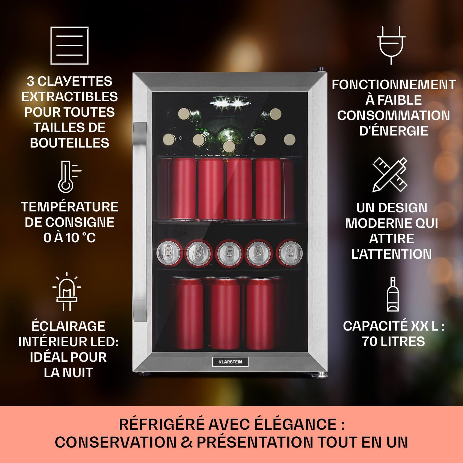 Klarstein Réfrigérateur 70L, Mini réfrigérateur silencieux avec étagères amovibles, porte vitrée & LED, Adapté à l'extérieur, 0-10°C