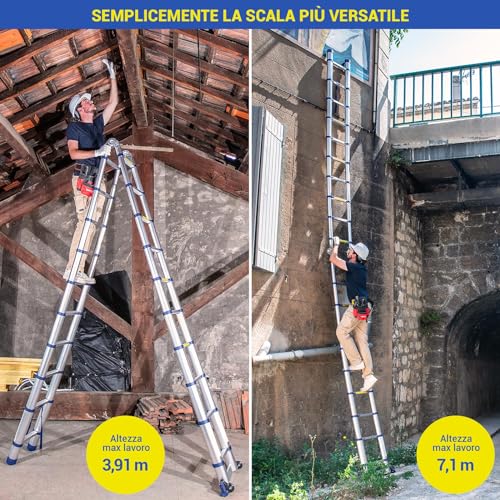 Scala telescopica articolata in alluminio 6,2m (3,1   3,1) Stempakt Hostrom, leggera, compatta e pieghevole, altezza di lavoro massima 7,1m, carico massimo 150 kg, garanzia di 5 anni : Amazon.it: Fai da te