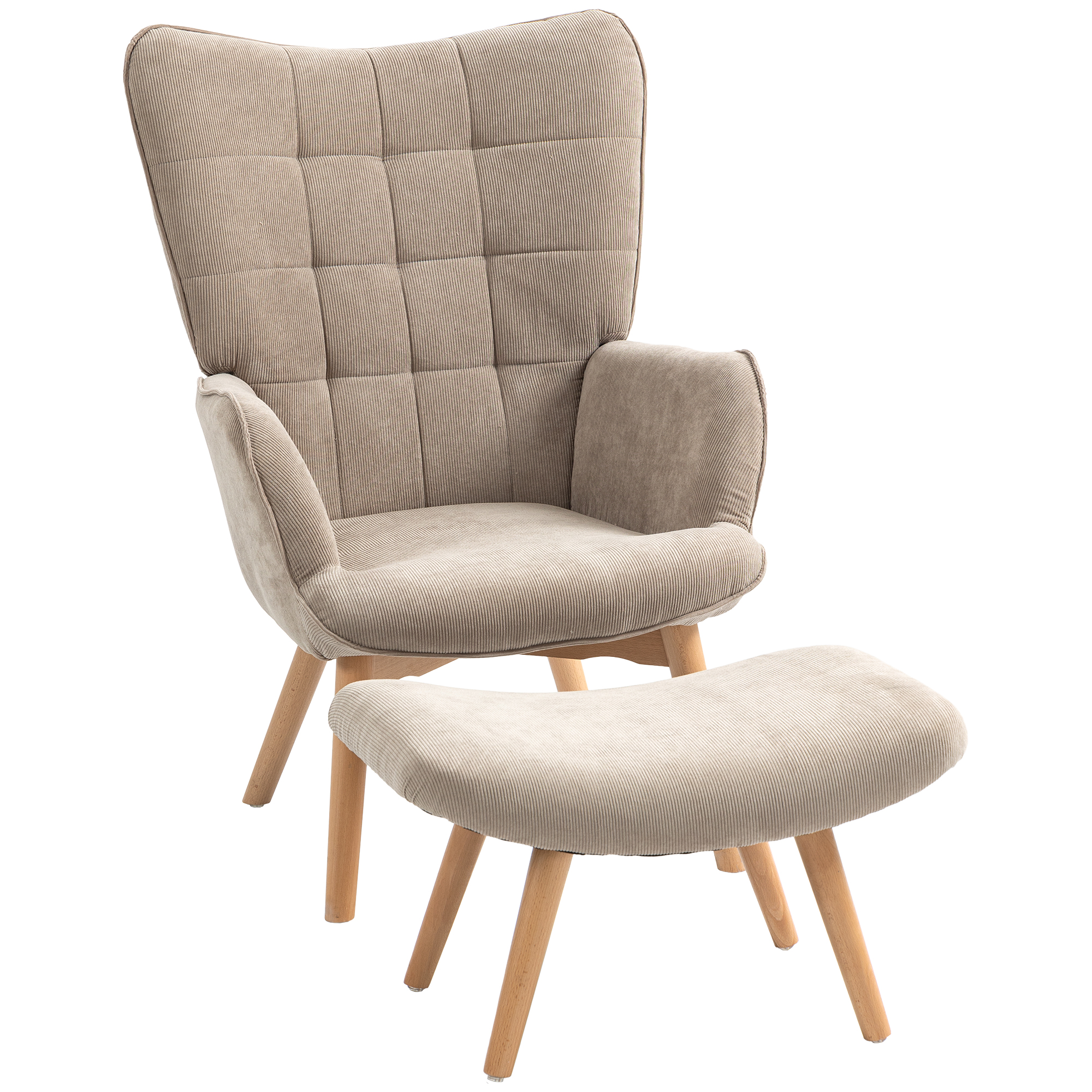 Accentfauteuil in Scandinavisch ontwerp, Oorfauteuil, Stoelset, Beukenhout, Corduroy-Look, Bruin