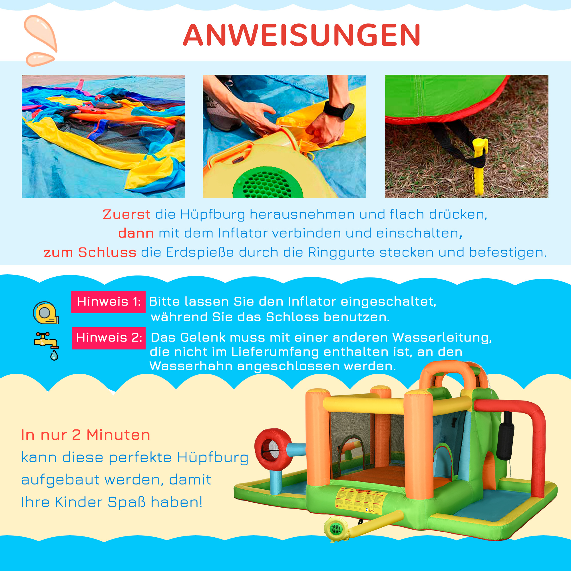 Opblaasbaar springkasteel met glijbaan, springkussen, 2 waterbaden, bokszak, 478 x 440 x 210 cm