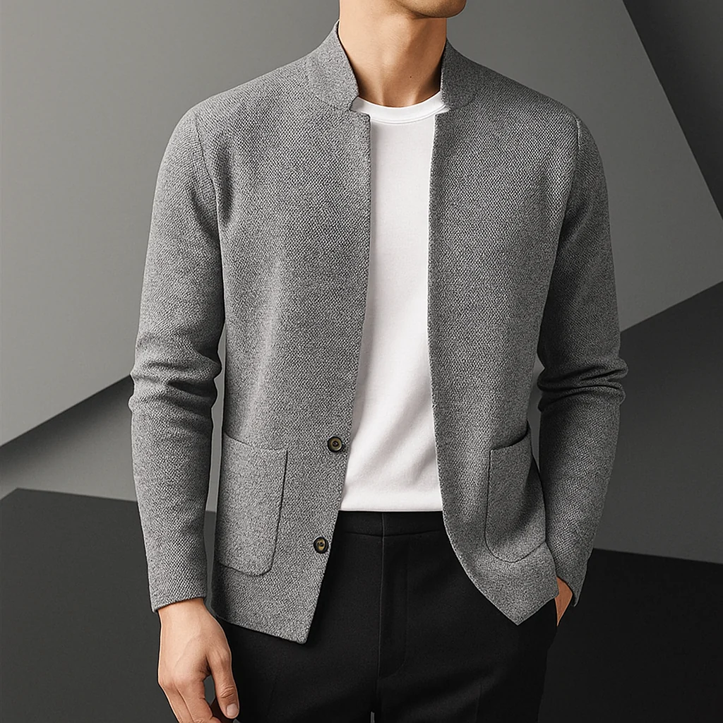 Strukturierte Strickjacke mit Stehkragen f��r Herren