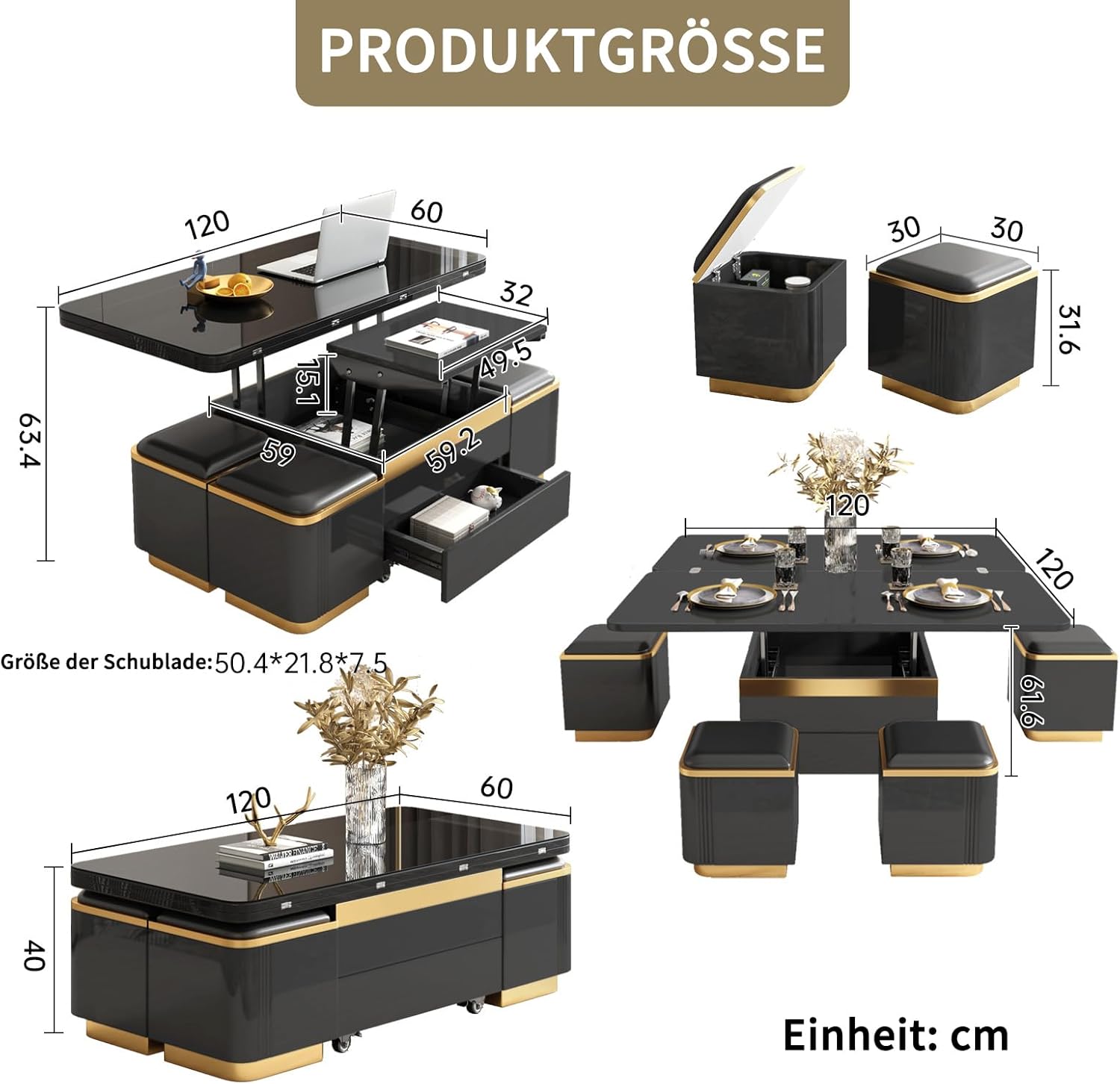 Guyii Höhenverstellbarer Couchtisch 120 cm lang mit Ablage, Multifunktionaler Cauchsofa Tisch, Coffee Table mit integriertem Stauraum und Klapptisch, Moderner Design für Wohnzimmer (schwarz)