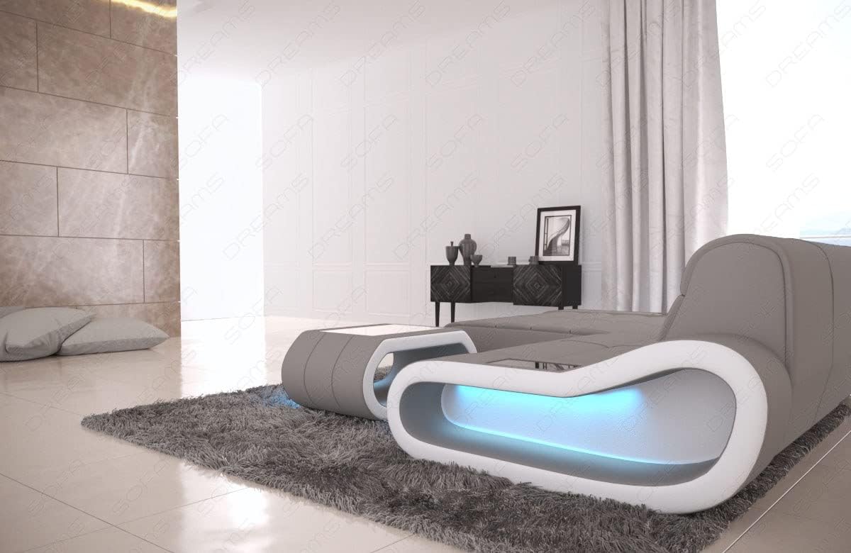 Sofa Dreams Ecksofa Concept kurz - mit LED Beleuchtung, Ottomane/Mikrofaser/Ausrichtung wählbar (Ottomane Links, Weiss-Hellgrau)