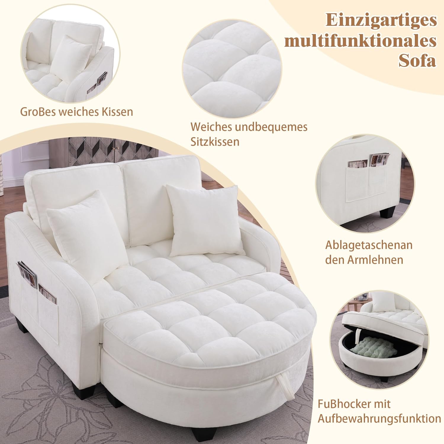 Sofa mit Schlaffunktion, 2-in-1 Schlafsofa, Modulares Sofa, Aufbewahrungs-Hocker & 4 Kisse, für Kleine Wohnzimmer, Studienzimmer, Schlafzimmer, 132×129×93cm (Beige)