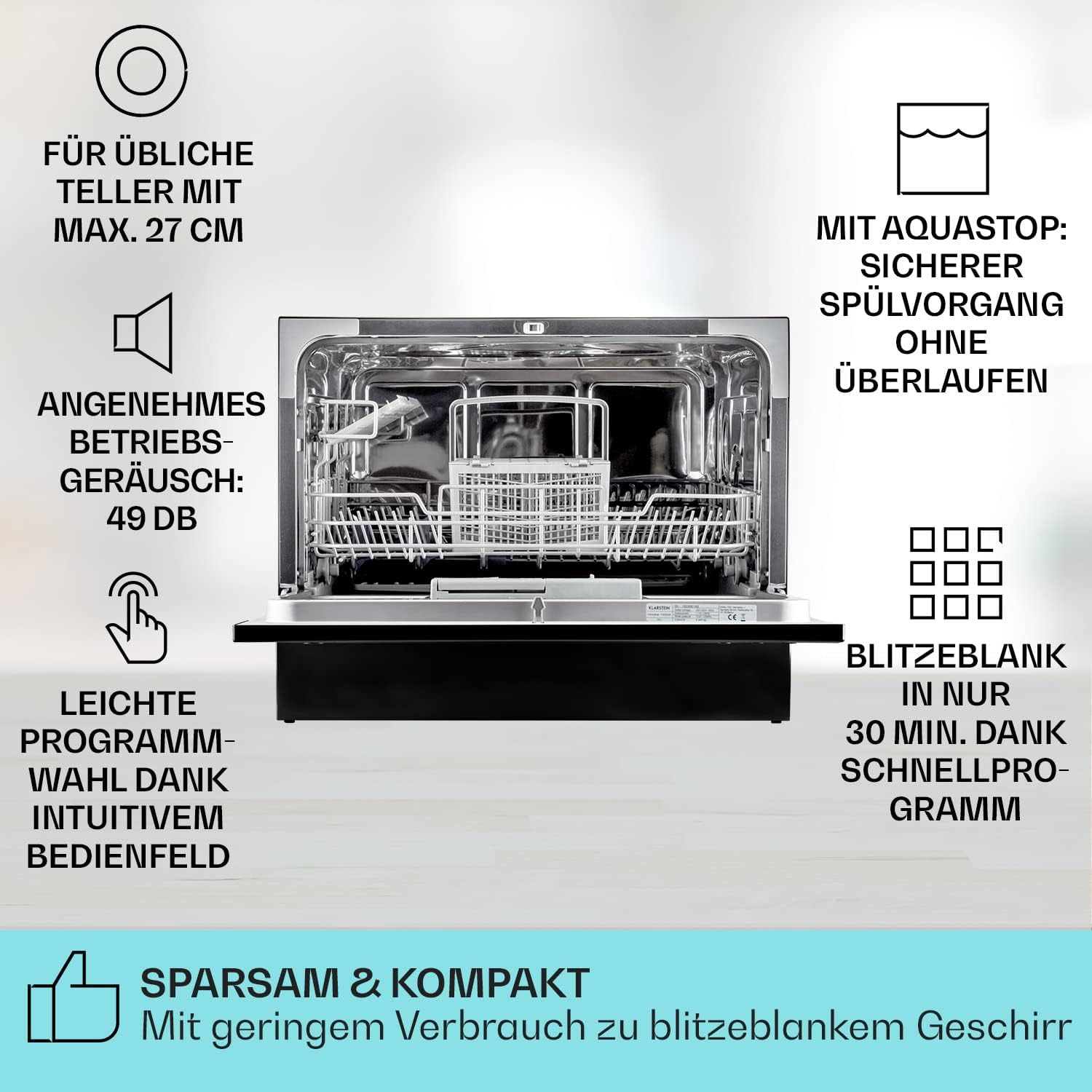 Klarstein  ia 8 - Spülmaschine, Geschirrspüler, Freistehend, Teilintegriert, F, 55 cm breit, 8 Maßgedecke, 6 Programme, Aquastop, silber
