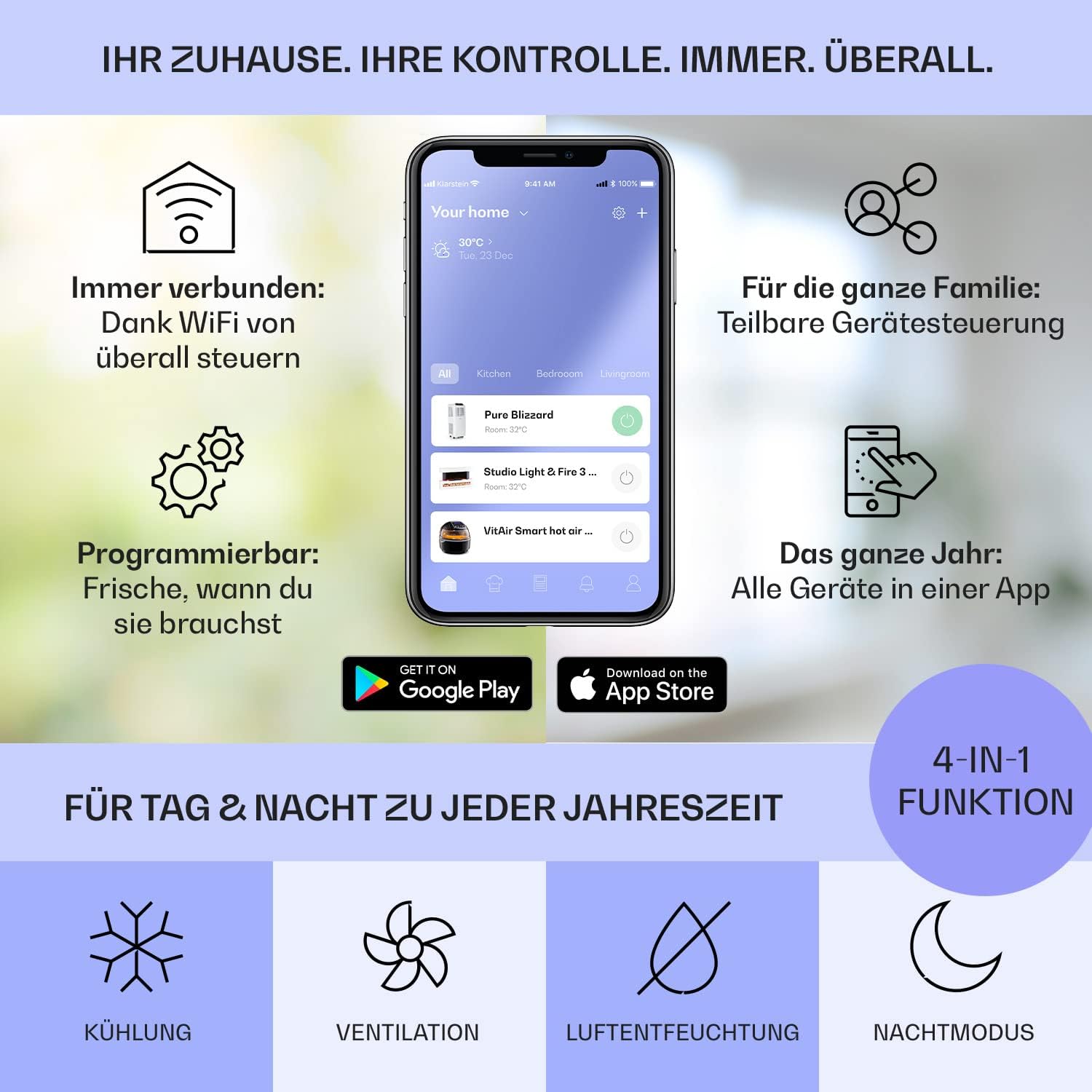 Klarstein Mobile Klimaanlage mit Abluftschlauch, 4-in-1 Klimagerät mit Ventilator, Luftentfeuchter & Nachtmodus, Kleine & Portable Klimaanlage für Wohnung & Büro, App-Steuerung, 12000 BTU