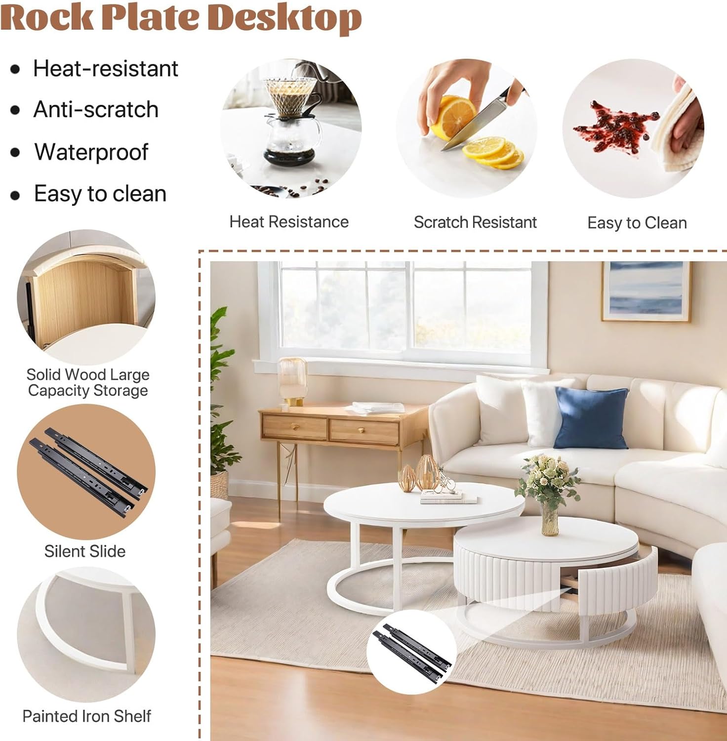 2er Set Couchtisch Rund Weiss 50+70cm Wohnzimmertisch Weiß Runder Couchtisch Mit Stauraum Marmor Beistelltisch Stabilem Metallgestel Satztische Fürs Wohnzimmer Einfache Aufbau Für Schlafzimmer Büro