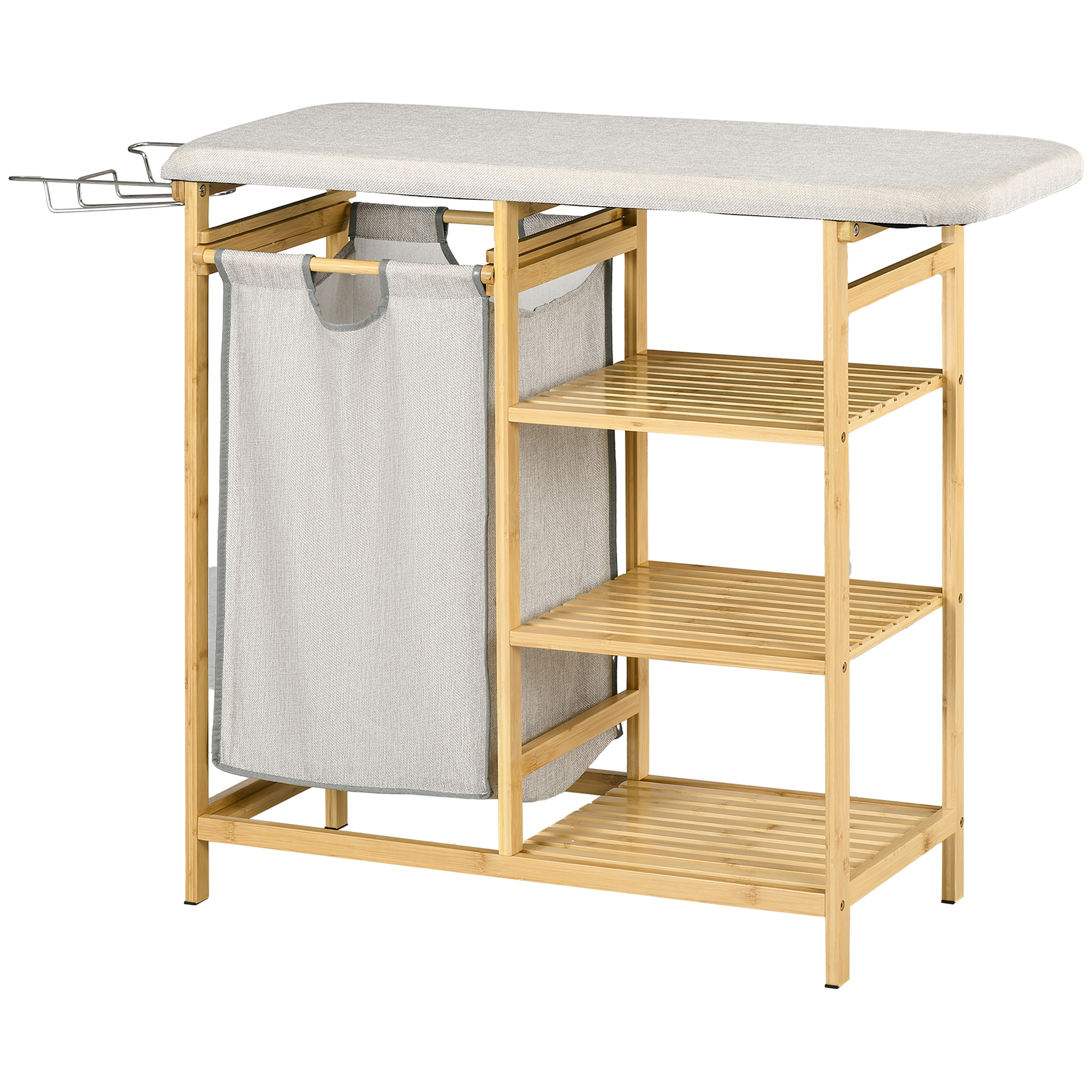 Wasmand, multifunctioneel, Stijkplank & Stoffen Zak 57L, Bamboe Frame, 113x34x82cm, Natuur/Grijs