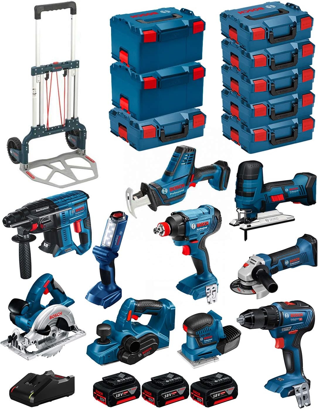 Professional Kit 18V BK1002 (GST 18V-LI S+GKS 18V-LI+GBH 18V-21+GWS 18-125V-LI+GSR 18V-55+GSA 18V-LI C+GDX 18V-180+GLI 18V-300+GHO 18V-LI+GSS 18V-10+3 Batterien 5,0Ah+Ladegerät+8xL-Boxx+Caddy)