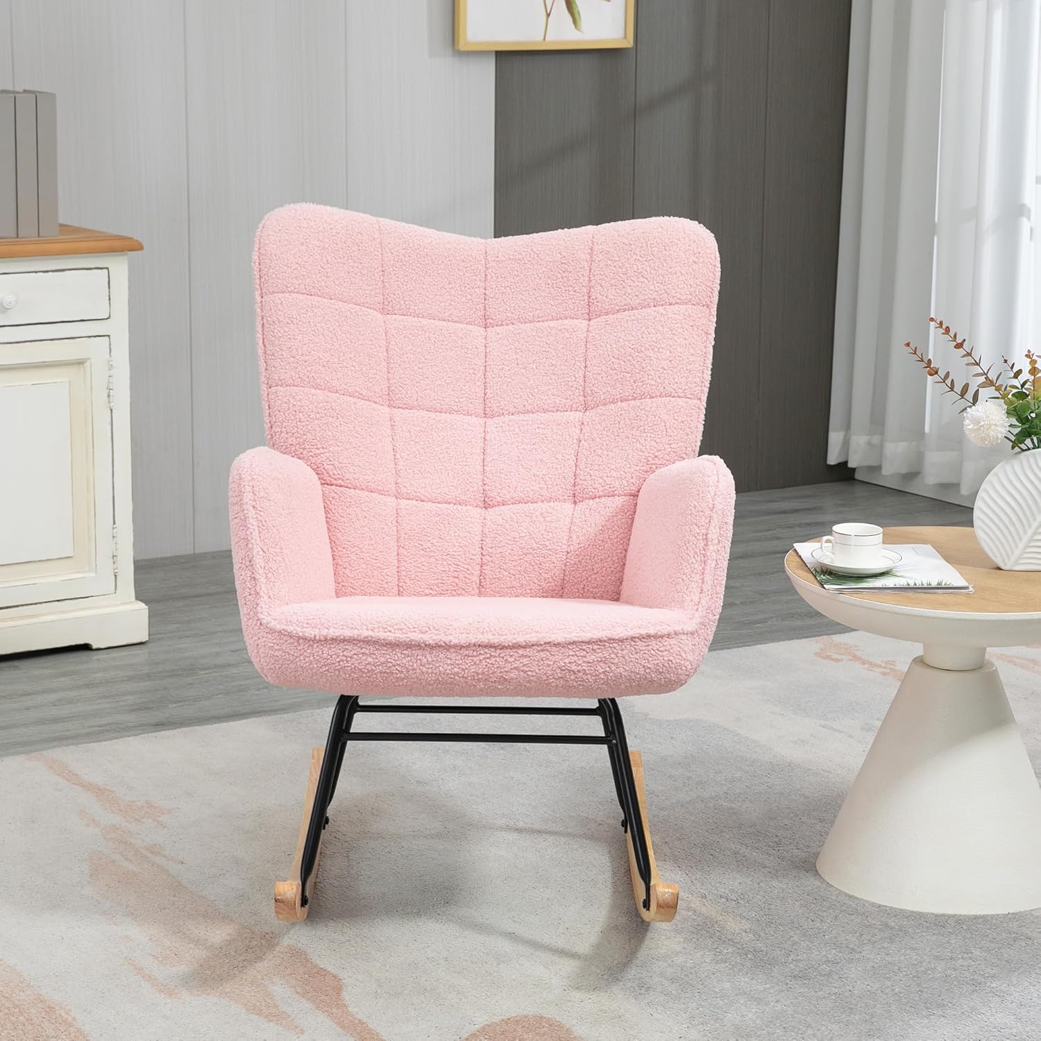 HOMCOM Schaukelstuhl, Schaukelsessel mit Berbervliesoptik, Armlehne, Gepolsterter Sessel mit Holzkufen, Relaxsessel für Wohnzimmer, Schlafzimmer, bis 120kg belastbar, Rosa