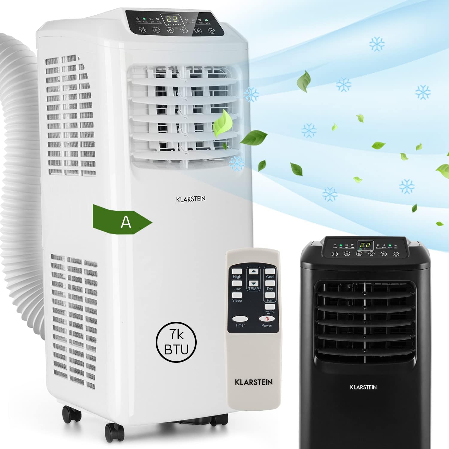 Klarstein Mobile Klimaanlage mit Abluftschlauch, 3-in-1 Klimagerät mit Ventilator & Luftentfeuchter, Kleine & Portable Klimaanlage für Wohnung & Büro, mit Nachtmodus & App-Steuerung, 7000 BTU