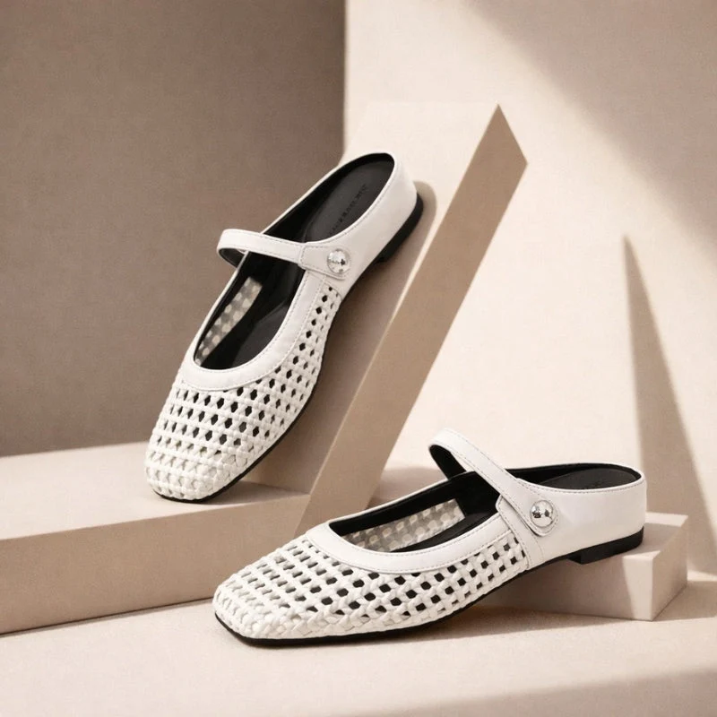 Damen Mules geflochten | Flache Slipper in Metallic-Optik mit Riemchen und eckiger Zehenpartie | Bequeme Schlupfschuhe