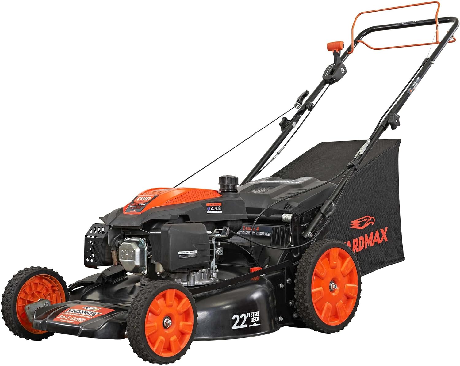 YARDMAX 22′′ Gas Self Propelled Lawn Mower, 201cc, 6-Speed CVT, High Wheel RWD, 3-in-1, Black