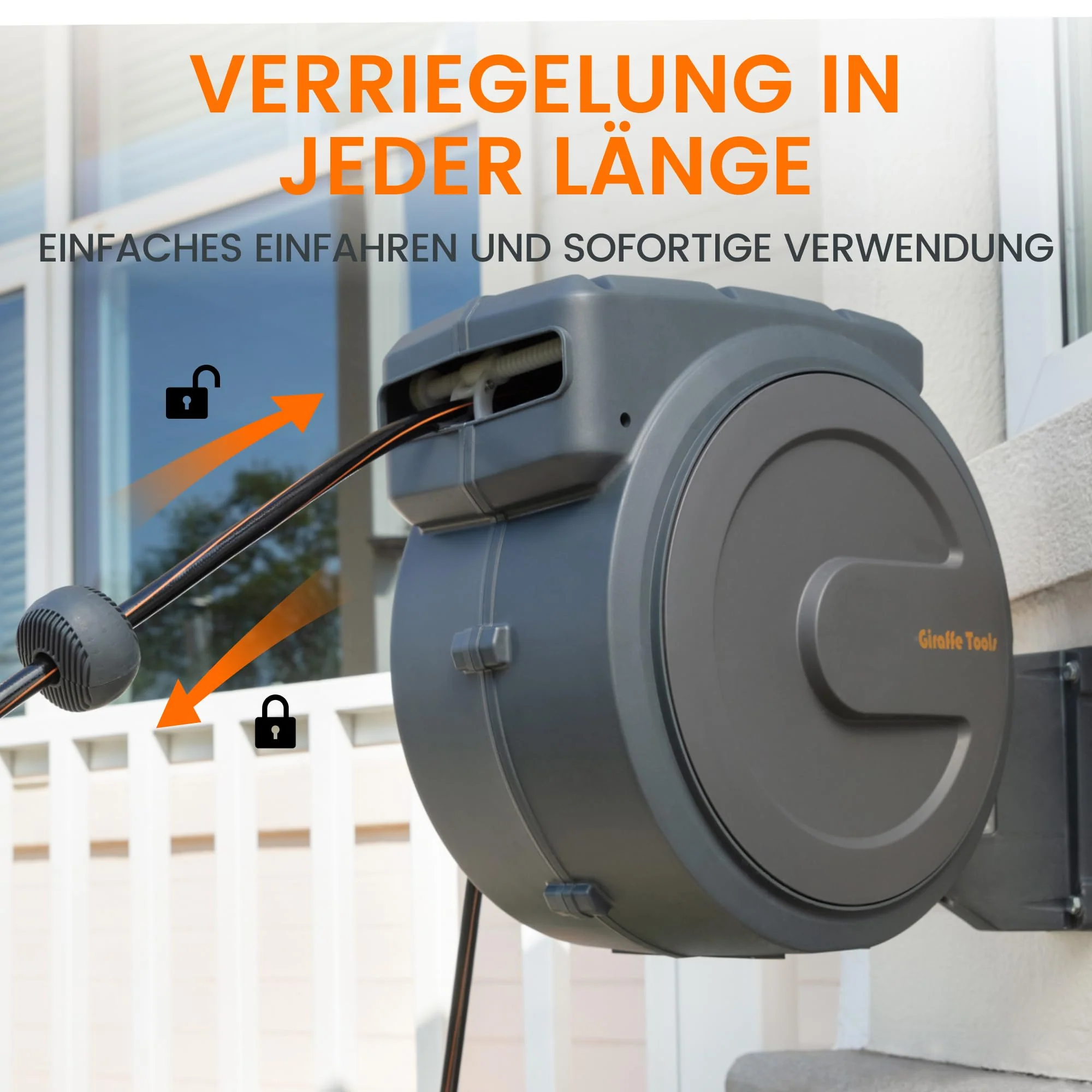 2025 Giraffe Tools Wandgemonteerde Slangbox 35m + 2m, automatische tuinslangoproller 180�� draaibaar met 7 sproeipatronen en aansluitslang