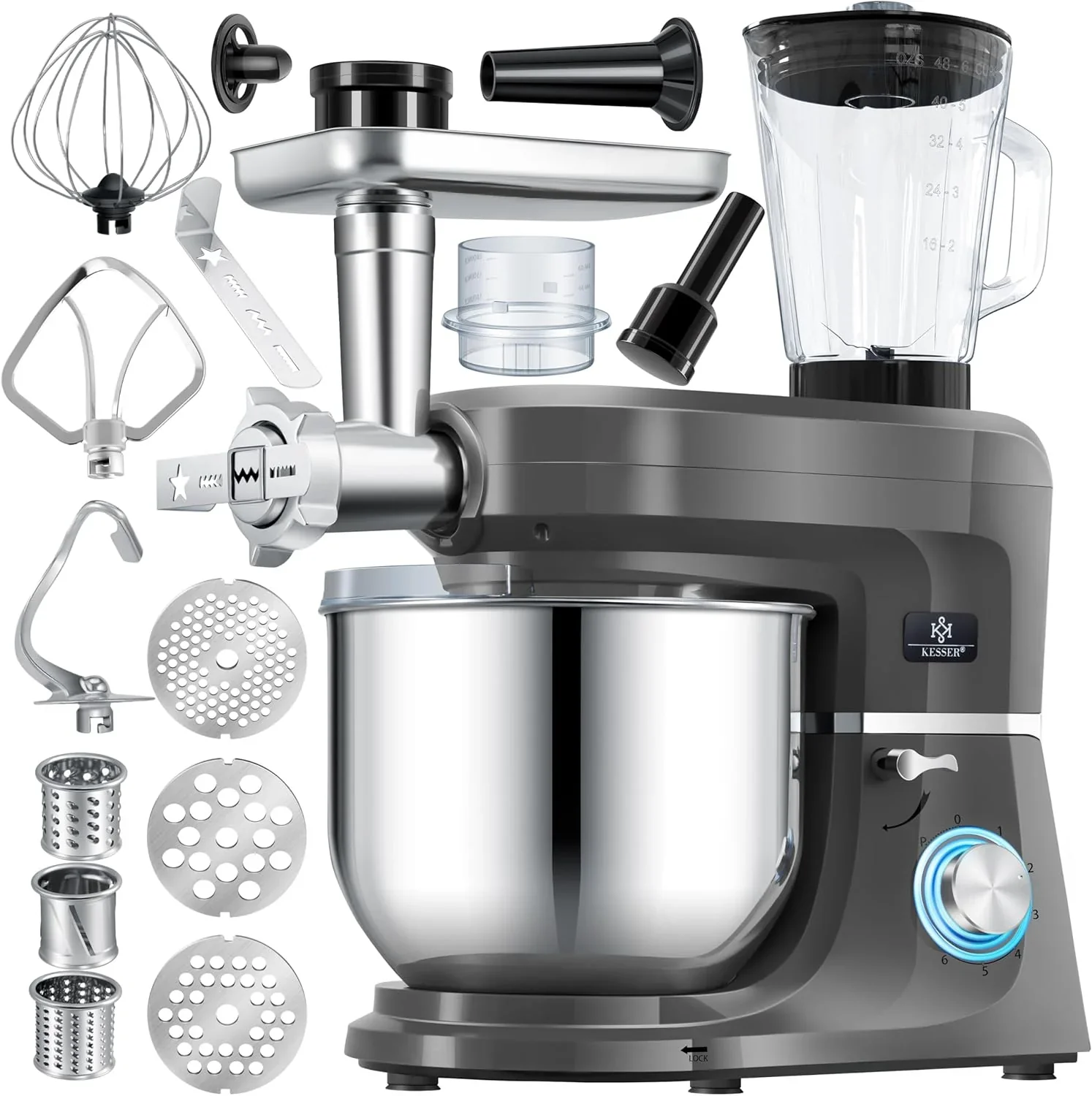KESSER? 3 in 1 Universal K��chenmaschine K-KM 3000 mit Fleischwolf Knetmaschine Multifunktionale R��hrmaschine 5,5L Sch��ssel mit 3 R��hrwerkzeuge, 1,5L Entsafter, Zubeh?r-Set, Pasta & Geb?ckformen