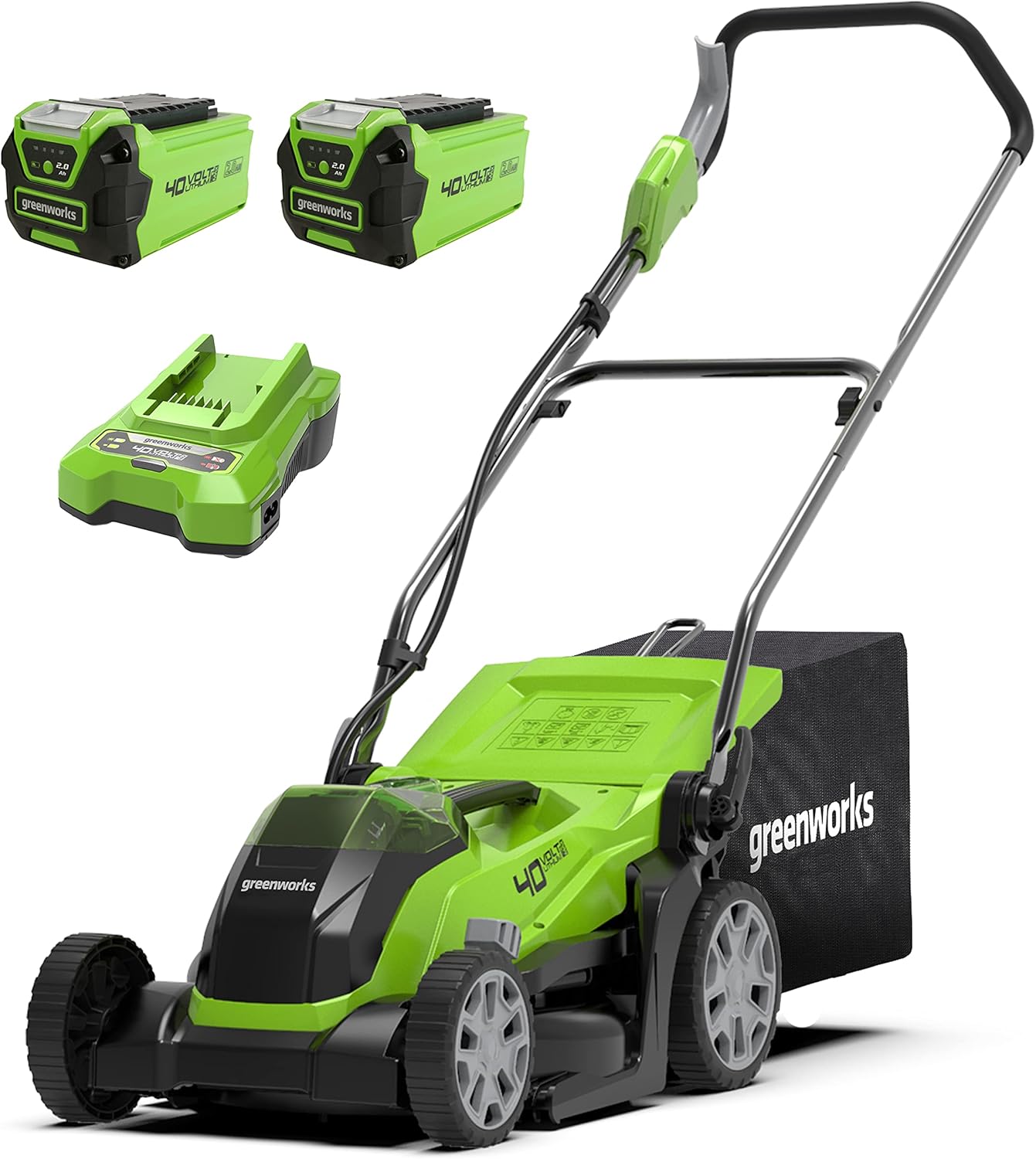 Greenworks 40V Kabelloser Akku Rasenmäher für Flächen bis zu 400 m2, 35 cm Schnittbreite G40LM35K2X, 40-Liter-Sack PLUS zwei 40 V 2Ah-Akkus und Ladegerät, 3 Jahre Garantie