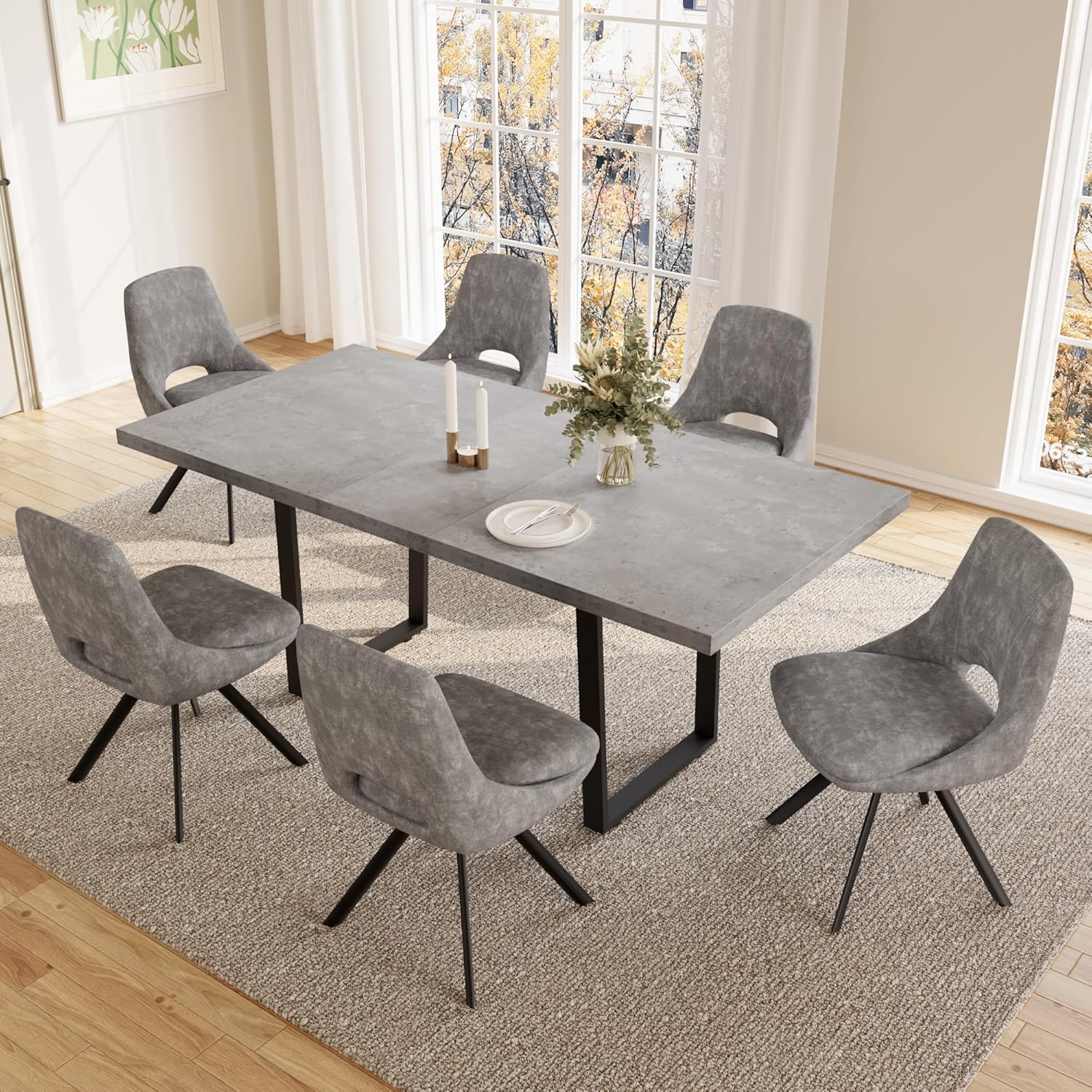 JIEXI Esstisch Mit 4-8 Stühlen Set, Esszimmertisch Ausziehbar, Tisch Esszimmer, Essgruppe Mit 4-8 Stühle, MDF-Platten Holztisch Geeignet Für Wohnzimmer(130-170cm Tisch + 6 X-förmig Grau Stühle)