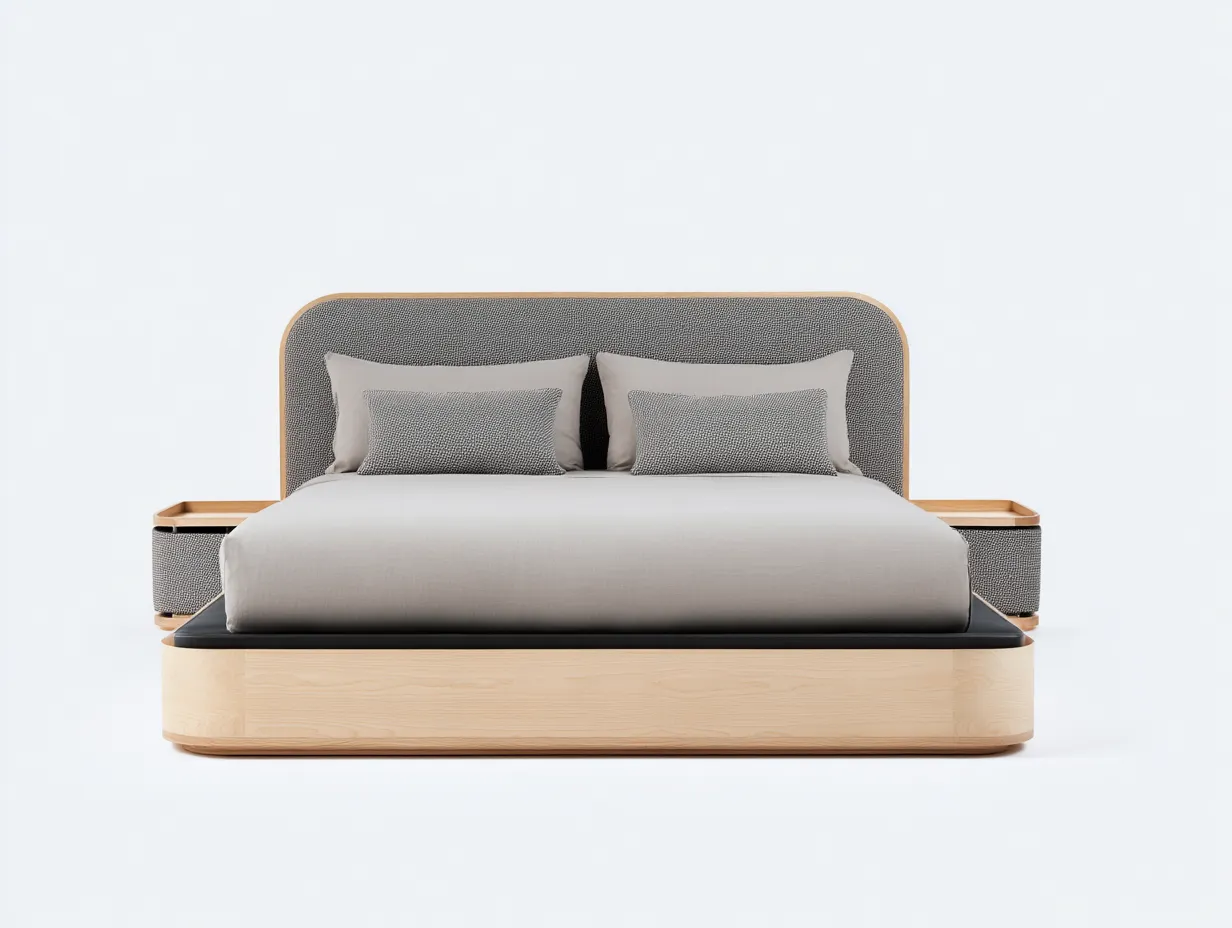 Doppelbett-Holz-Textil-212 x 188 x 108 cm-Grau-Natur-Modern