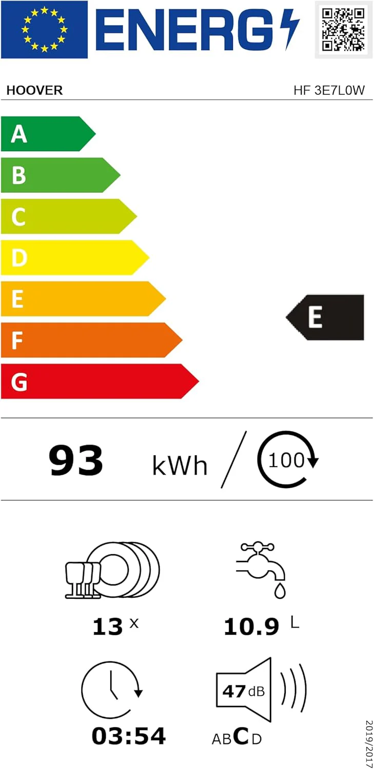 Hoover HF 4C6F0PW vaatwasser; 14 couverts; Vrijstaand, 60 cm breed; Energie-effici?ntieklasse C; Slimme bediening met wifi + bluetooth-technologie