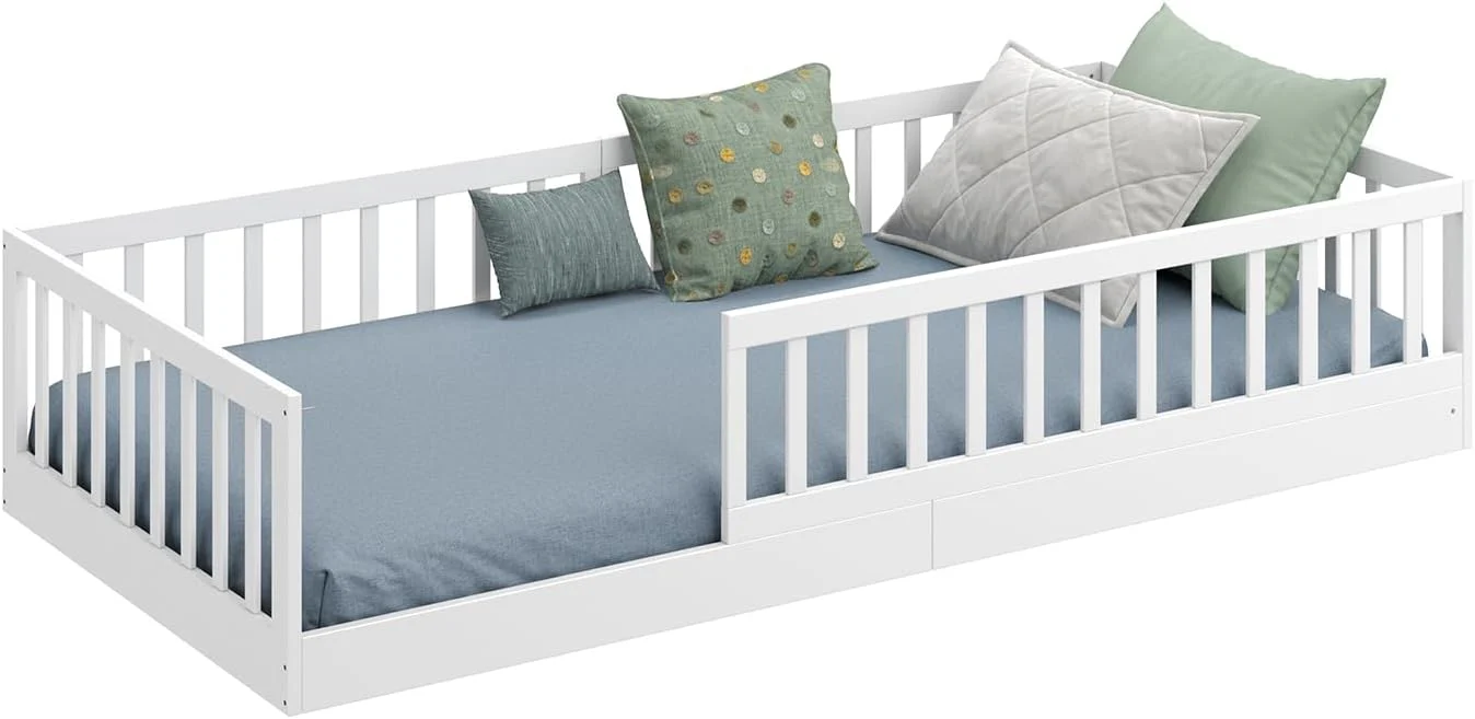 CADANI Timi 2-in-1 Vloerbed 140x200 cm Montessori Kinderbed met uitneembare valbeveiliging incl. lattenbodem, massief grenenhout, wit - 3 opbouwmogelijkheden, belastbaar tot 200 kg, ombouwbaar
