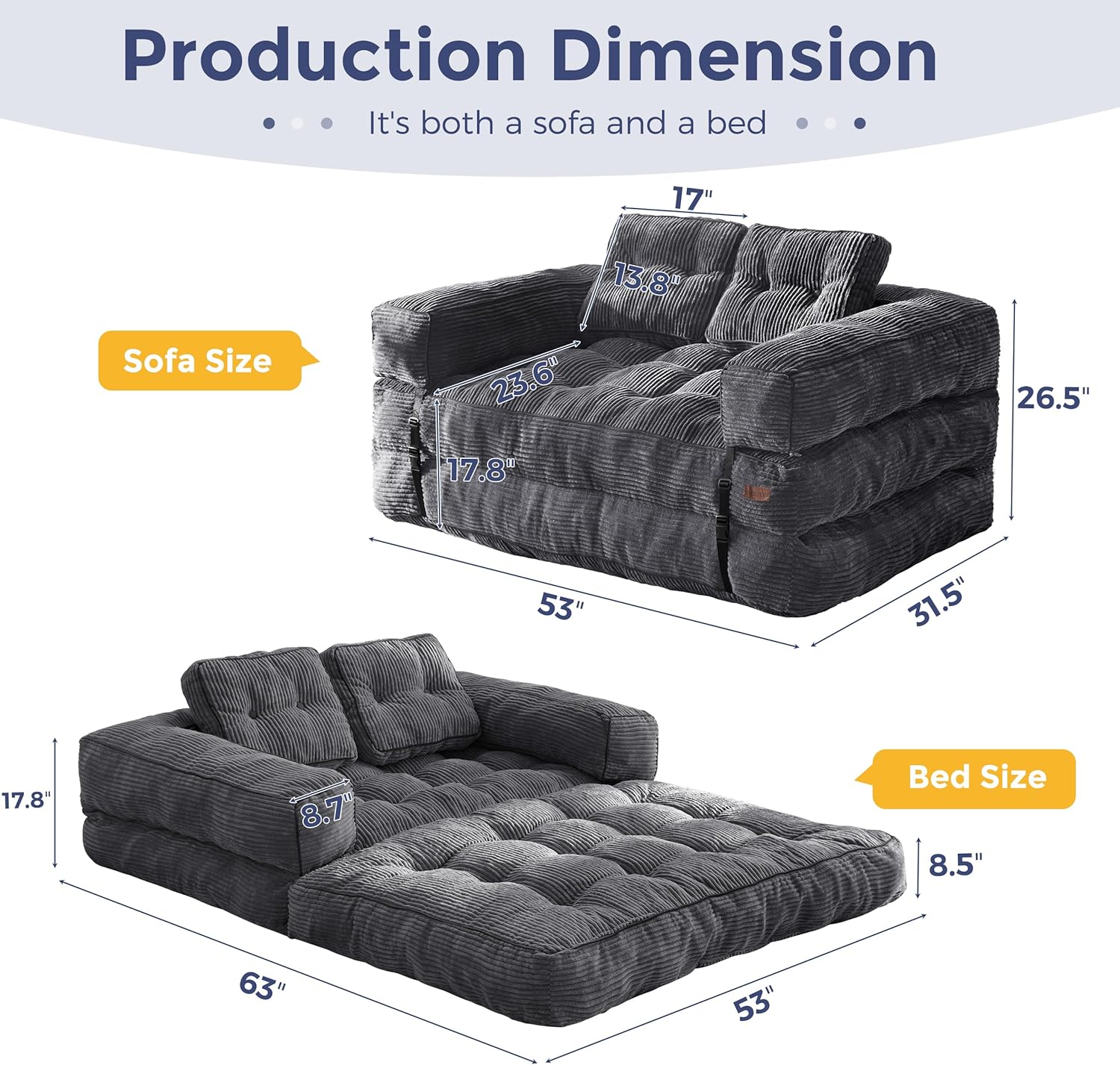 Folding Sofa Bed L-Shaped Convertible Sofa Bed with Armrests and Pillows