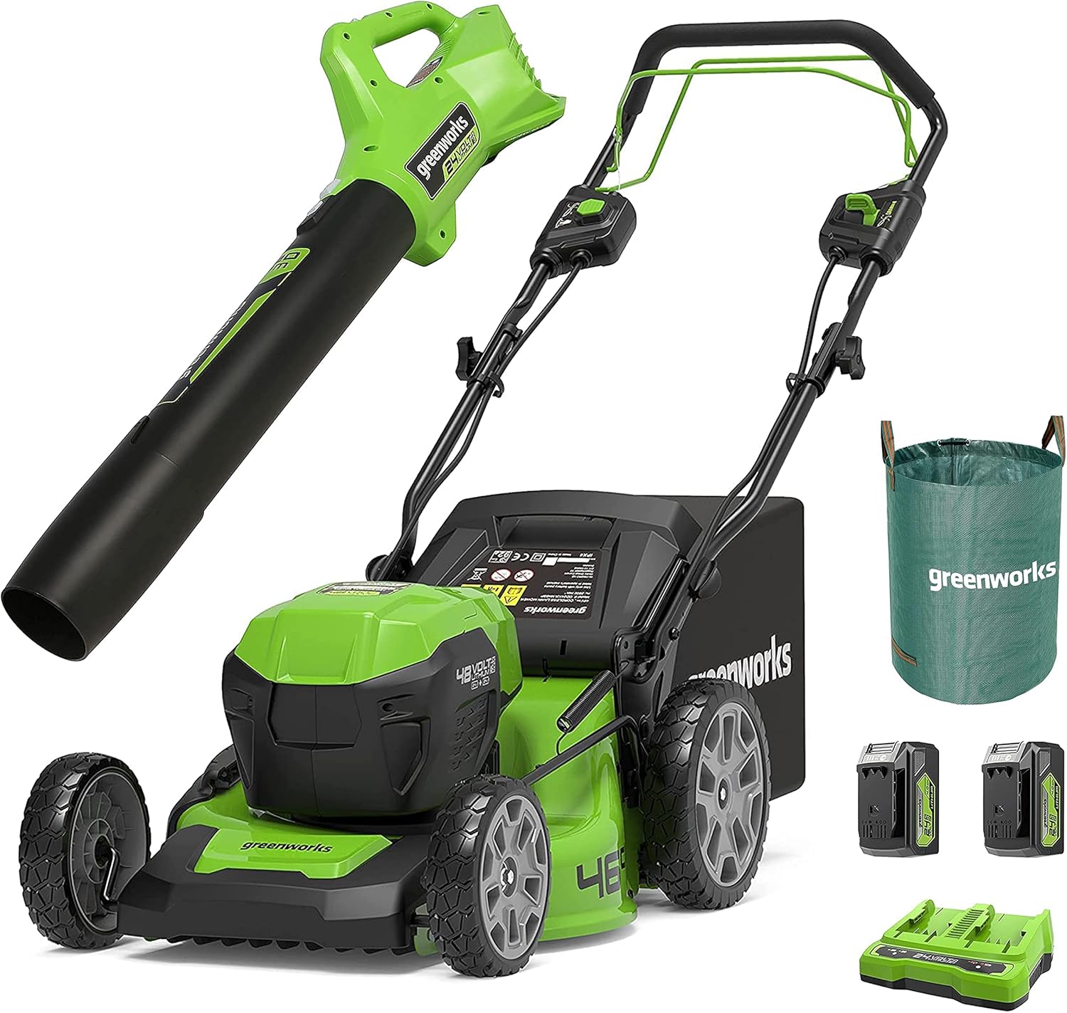Greenworks 48V (2x24V) Selbstfahrender Akku Rasenmher für groe Flchen bis zu 480m, 46cm Schnittbreite, 55L Sack PLUS zwei 4Ah-Akkus und Doppelladegert GD24X2LM46SPK4X