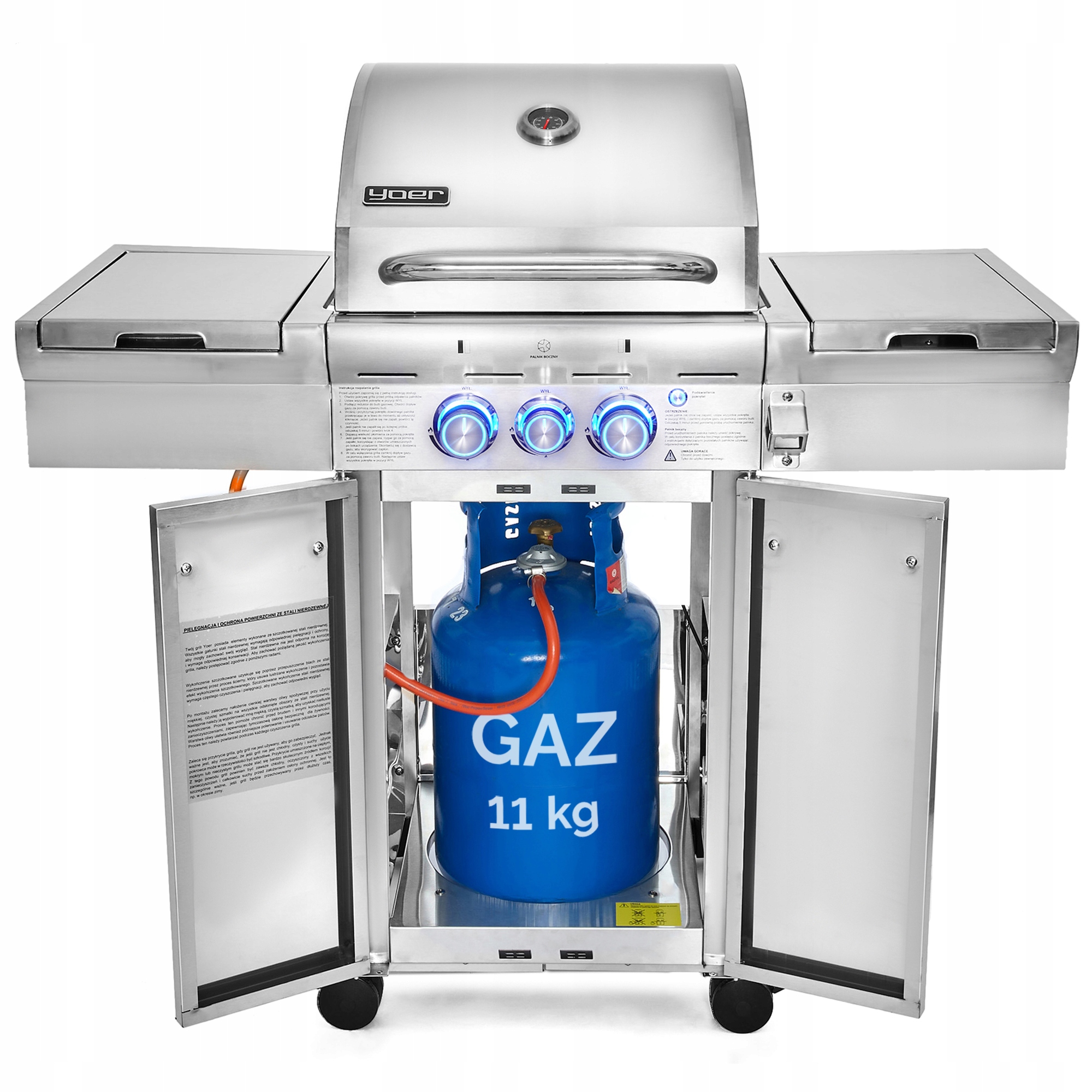Grill gazowy Ogrodowy ŻELIWNY nierdzewny Yoer 2+1 +10,15 kW +szafa na butlę