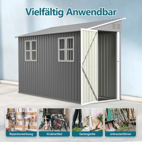 Geräteschuppen Metall 4 x 10 Fuß Anlehn-Design, Gerätehaus mit Fenster & Pultdach, wetterfester Stahlschuppen als Fahrradgarage für 2-3 Fahrräder, Mülltonnenbox & Gartengerätehaus, abschließbar, Grau