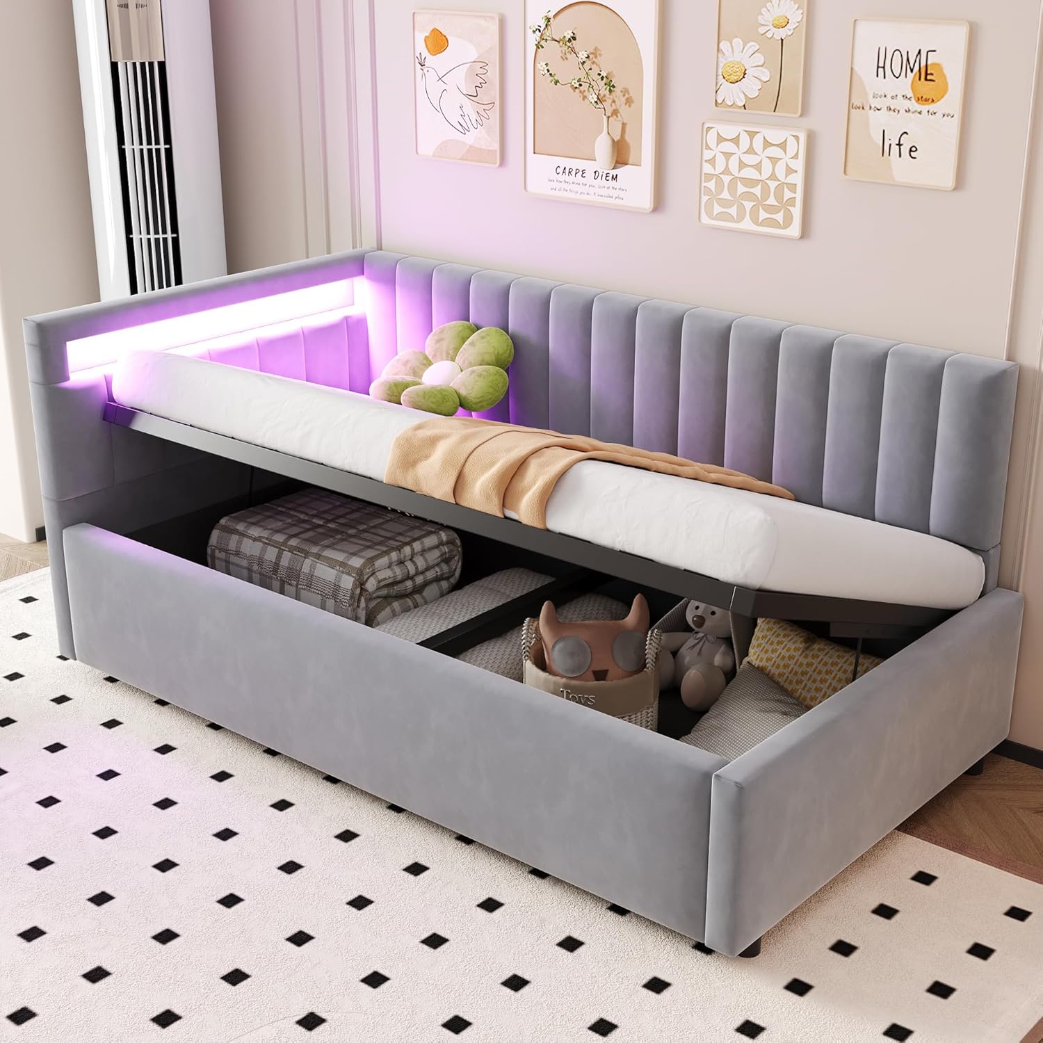 ANIROY Kinderbett Polsterbett 90 x 200 cm, Schlafsofa Einzelbett mit LED und Hydraulischem Stauraum, Daybett Tagesbett Sofabett mit Abnehmbarer Rückenlehne und Lattenrost, ohne Matratze (Hellgrau)