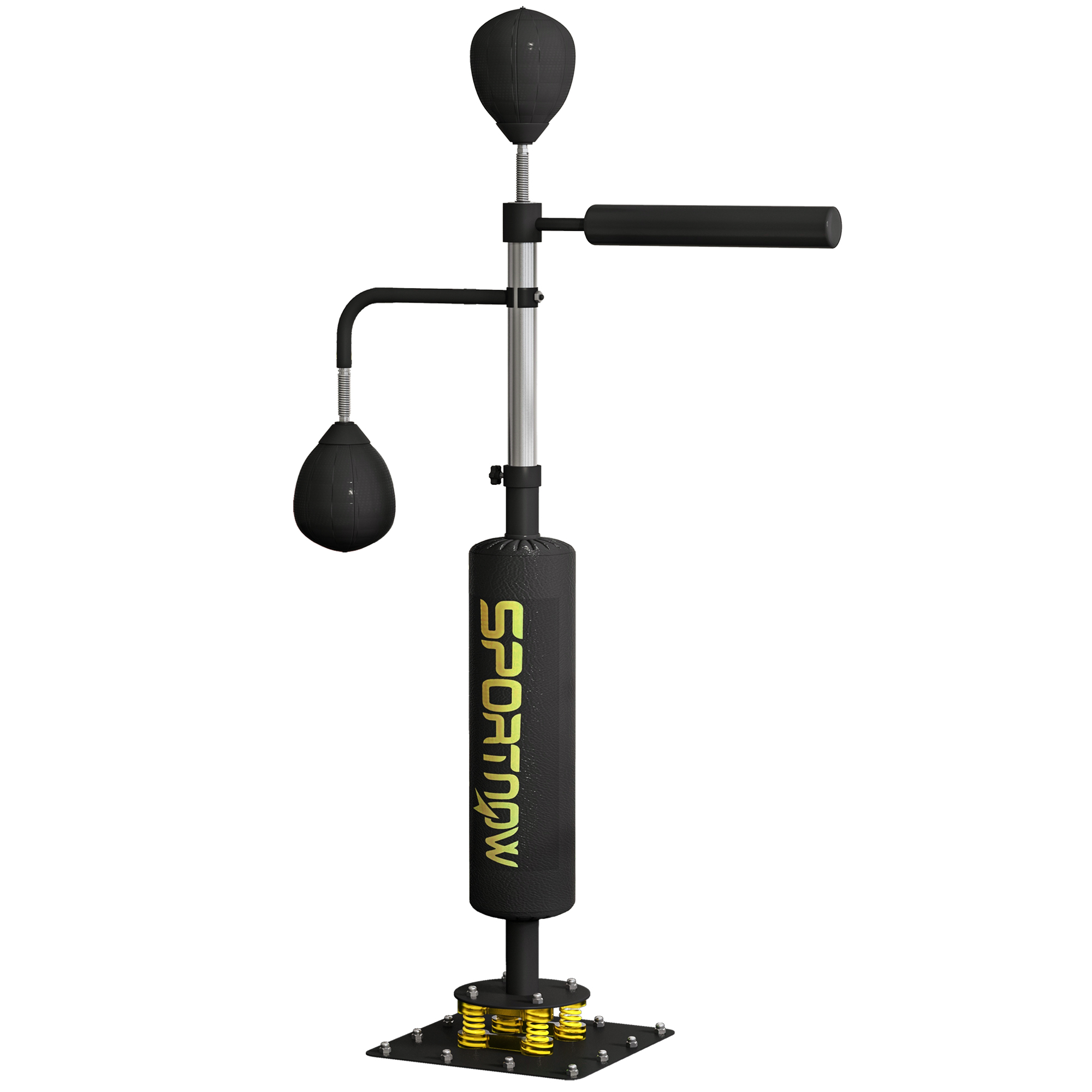 SPORTNOW Vrijstaande bokszak, twee speedballs, draaibare bokszuil, kickkussen, in hoogte verstelbaar, staal, 84 x 36 x 140-205 cm, Zwart