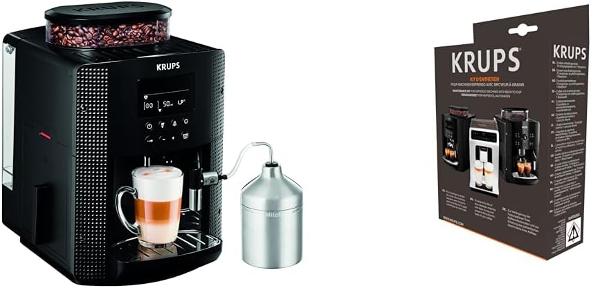 Krups Essential Kaffeevollautomat mit Milchschlauch, 2-Tassen-Funktion, LCD-Display, Einfache Reinigung, Kaffeemaschine, T��V-Siegel, Schwarz, EA816031
