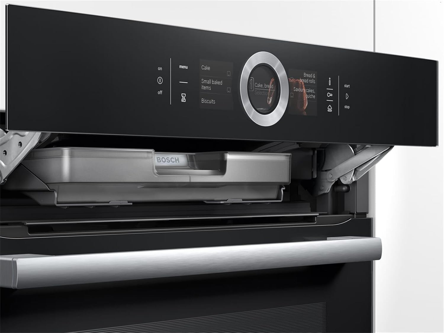 Bosch HMG7361B1, Serie 8 smarter Einbau-Backofen mit Mikrowellenfunktion, 60 x 60 cm, Made in Germany, Schwarz, Air Fry, Digitaler Bedienring, Touchdisplay, Automatikprogramme, Reinigungsunterstützung