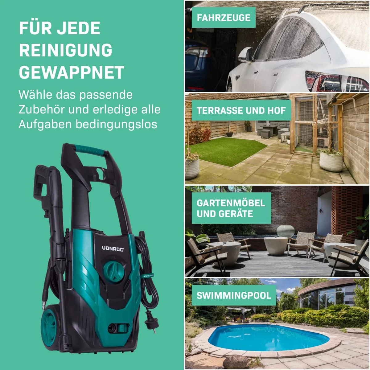 VONROC Professionele hogedrukreiniger 195bar - Gevelreiniger voor zware reinigingswerkzaamheden [2500W] - Hoge wateropbrengst [468 l/u] Reinigingstank, Aluminium Pomp - incl. Terrasreiniger