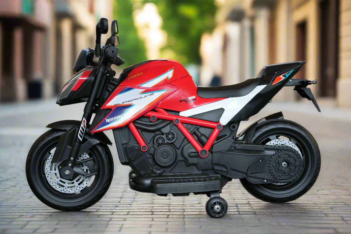 Official KTM Superduke 12v Ride On Kids Bike with Extra Power & Stabilizers - Red