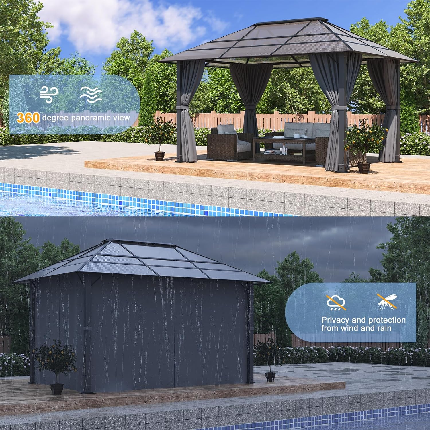 TRIUMPHKEY Pavillon 3x4 Wasserdicht Stabil Winterfest,Aluminium Gartenpavillon,Pavillon mit Festem Dach Protection UV,Geeignet für Außenszenen,Grau