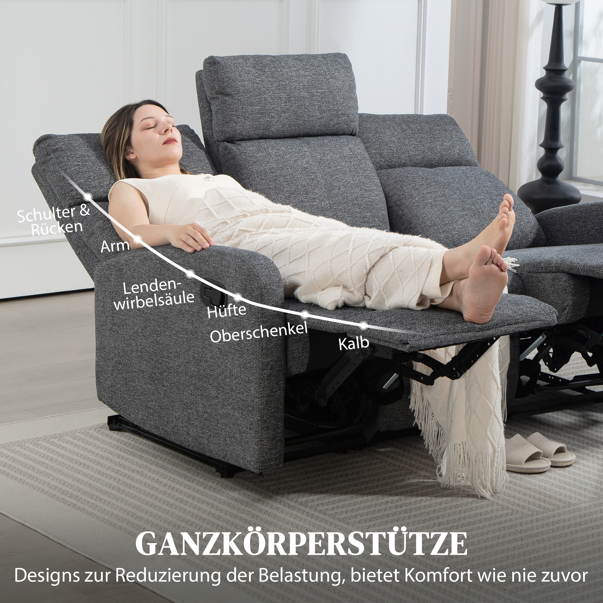3-zits Bank, individueel verstelbare rugleuningen, voetensteun, stofbekleding, metaal, Grijs
