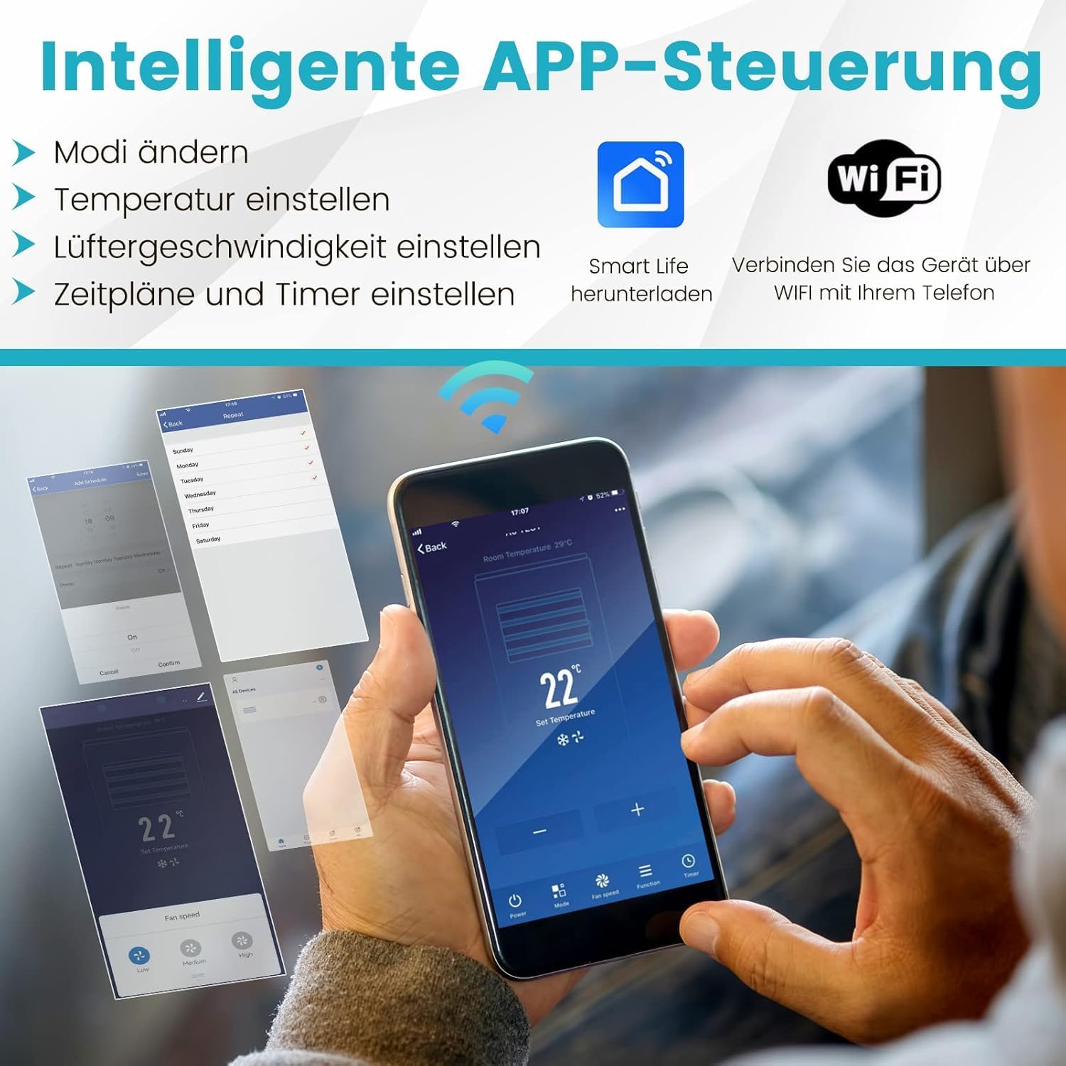 FANTASK 5 in 1 mobile Klimaanlage mit APP/Fern Kontrolle14000BTU, 45 m² Klimagerät Heizlüfter Ventilator Entfeuchter mit Abluftschlauch für 135 m³