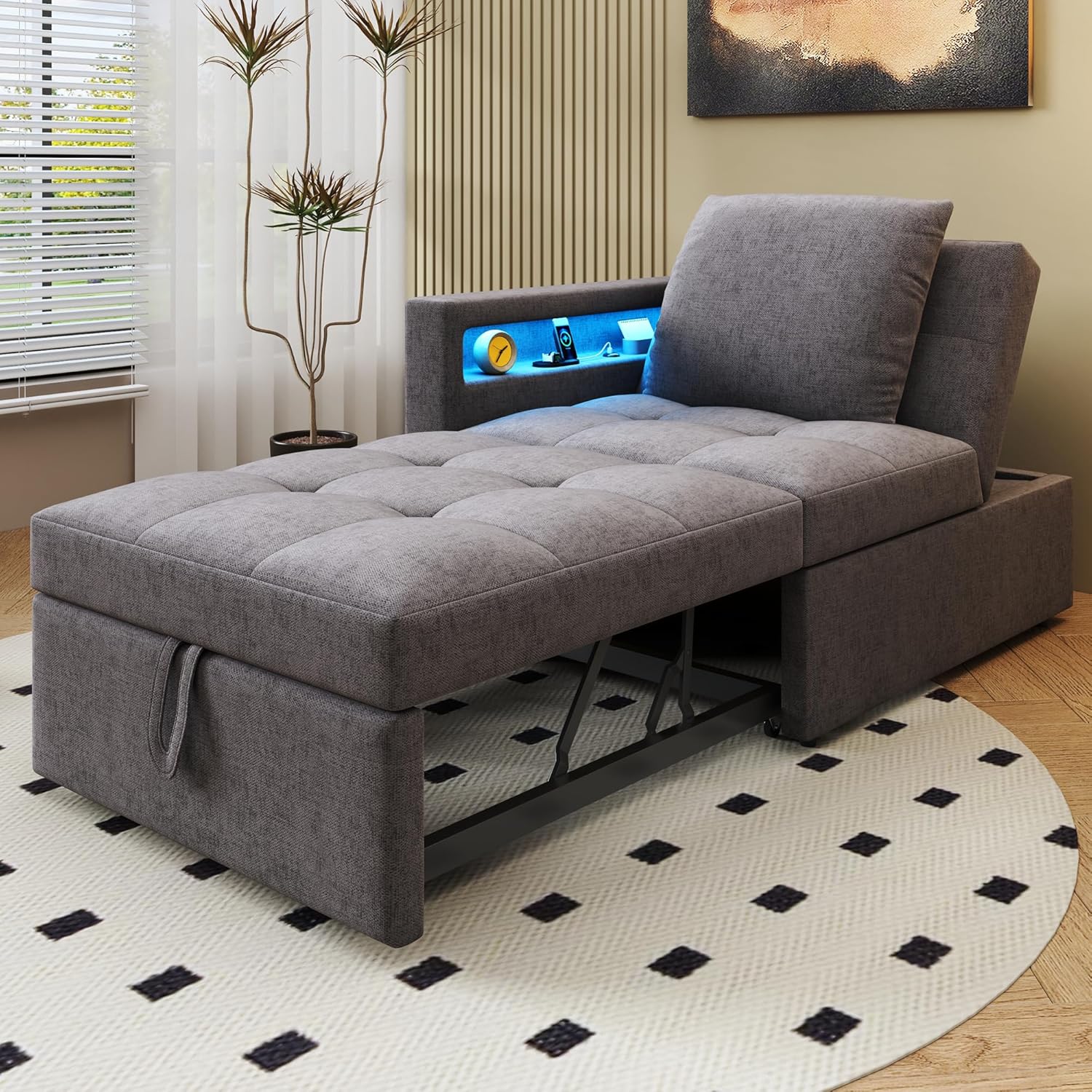 Polsterbett Schlafsofa 3 in 1 Multifunktions-Schlafsofa, Leinenstoffsofa mit Verstellbarer Rückenlehne, Die Armlehne verfügt über LED-Lichtleisten und USB-/Typ-C-Anschlüsse (Dunkelgrau)