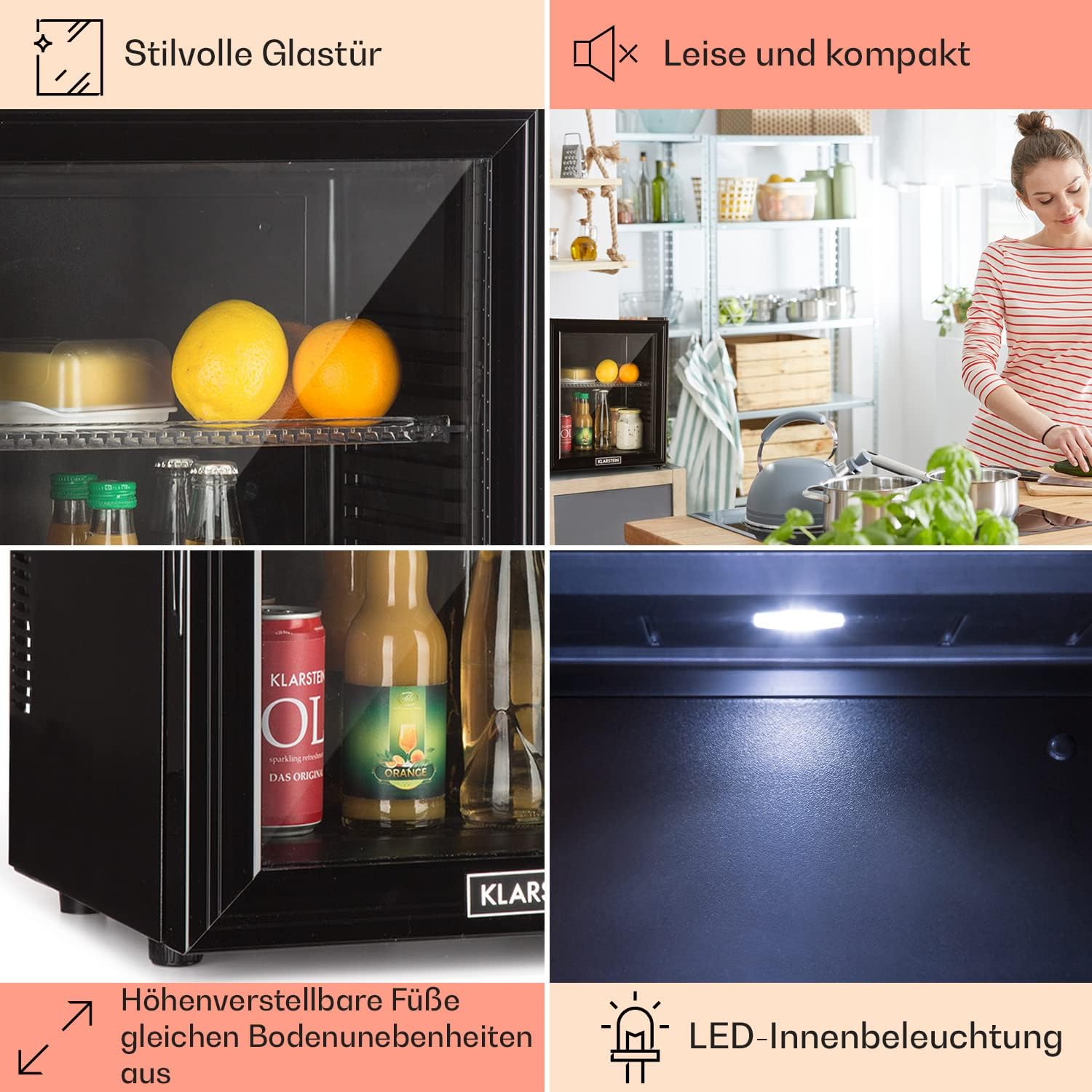 Klarstein Mini Kühlschrank für Zimmer, 24 Liter Mini-Kühlschrank für Getränke, Snacks & Kosmetik, Kleine Minibar, Kühlschrank Klein & Leise, Verstellbare Ablagen, Kleiner Skincare Kühlschrank