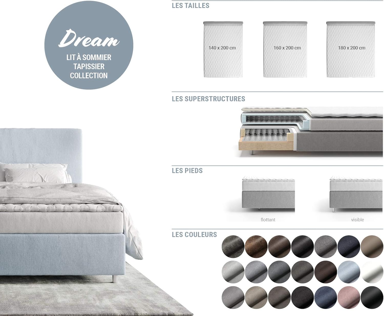 DELIFE Boxspringbett Dream-Great Mikrofaser Grau 140x200 cm mit Matratze und Topper
