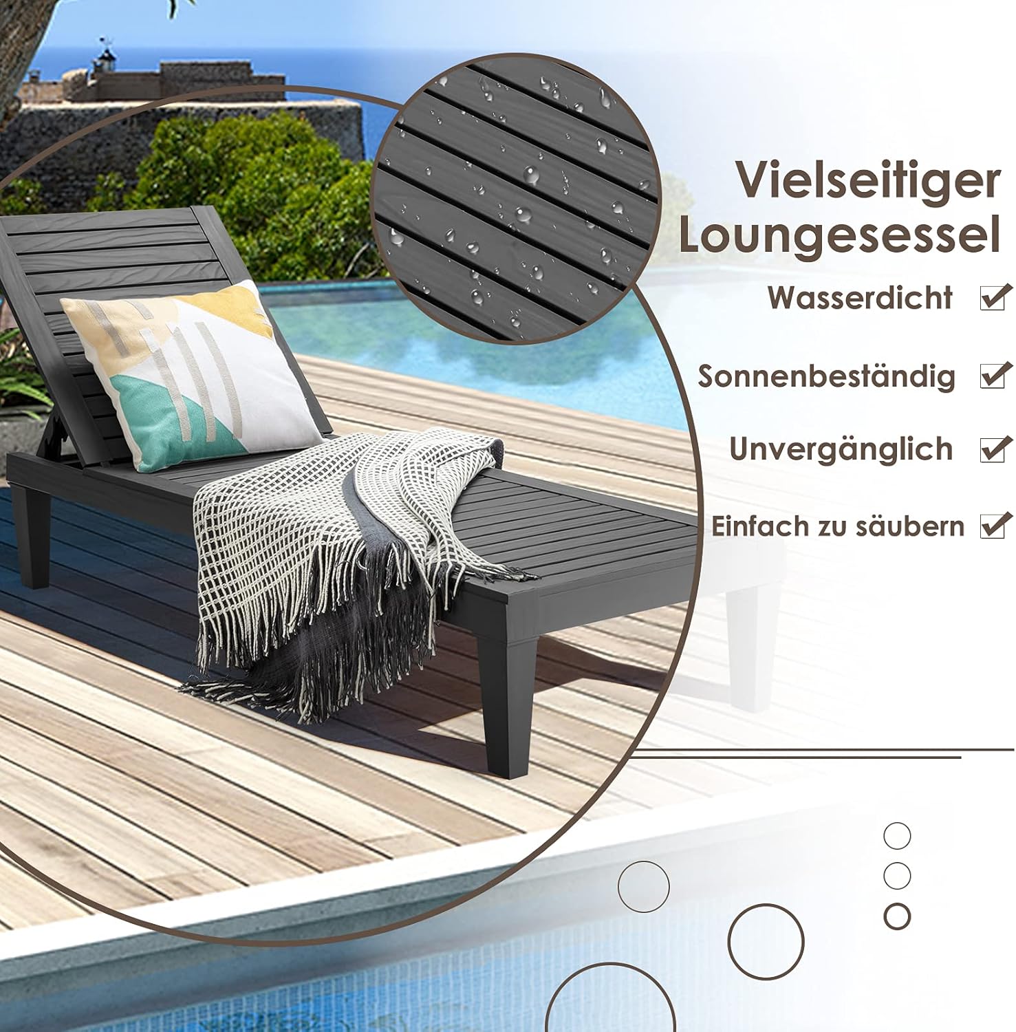 COSTWAY 2er Set Sonnenliege Kunststoff wetterfest, Gartenliege mit Verstellbarer Rückenlehne, Balkonliege, Terrassenliege Holzoptik, Liegestuhl bis 180 kg belastbar für Garten, Terrasse, Schwarz