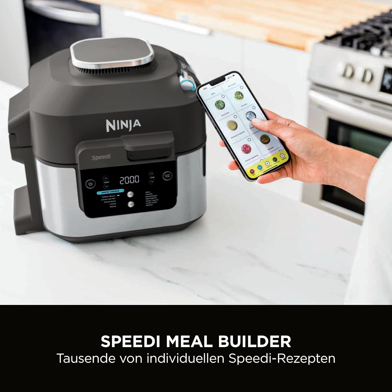 Ninja Speedi Multikocher, 5,7L, 12-in-1 Multicooker, Air fryer Heißluftfritteuse, Slow Cooker Langsamkochen, Grillen, Backen, Schwarz ON500EU